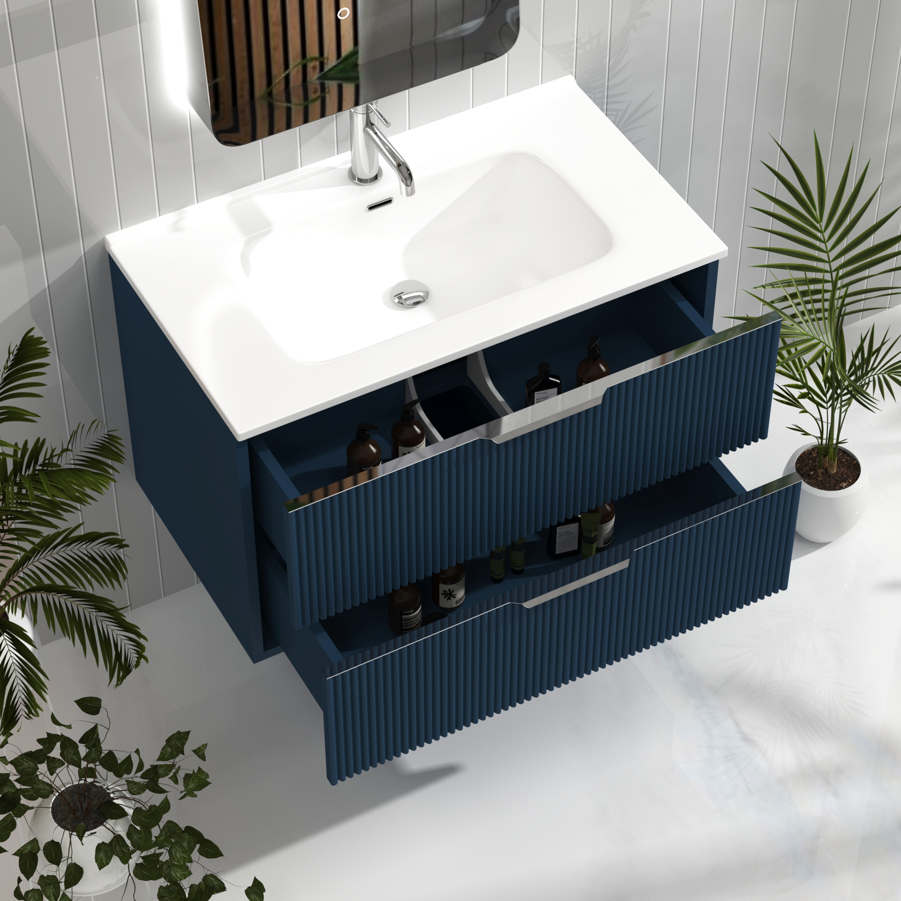 Evora 800mm Midnight Blue Fluted Wall Hung Vanity Unit 2 Drawer with Ceramic Basin