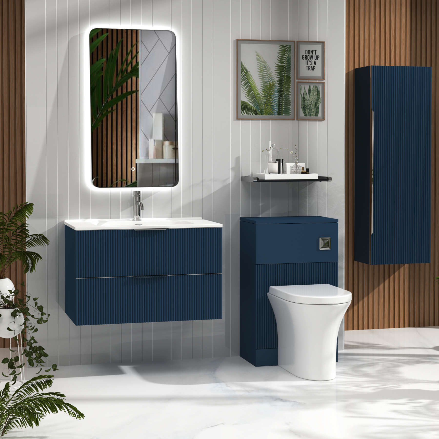 Evora 800mm Midnight Blue Fluted Wall Hung Vanity Unit 2 Drawer with Ceramic Basin