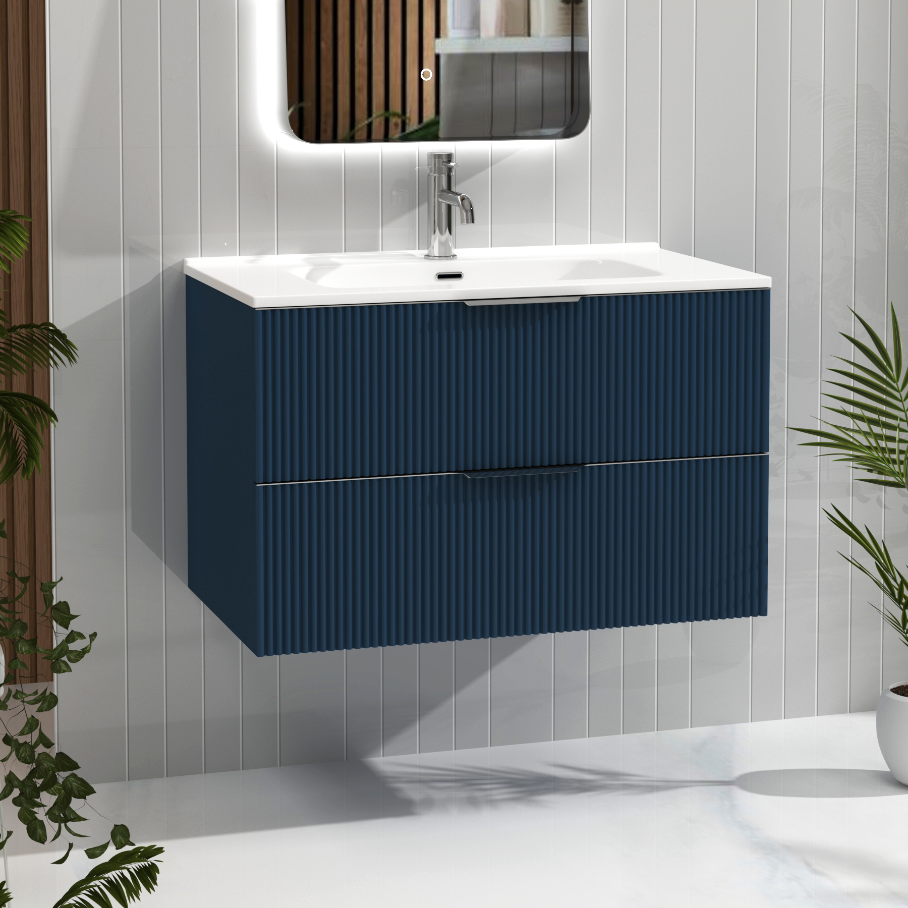 Evora 800mm Midnight Blue Fluted Wall Hung Vanity Unit 2 Drawer with Ceramic Basin