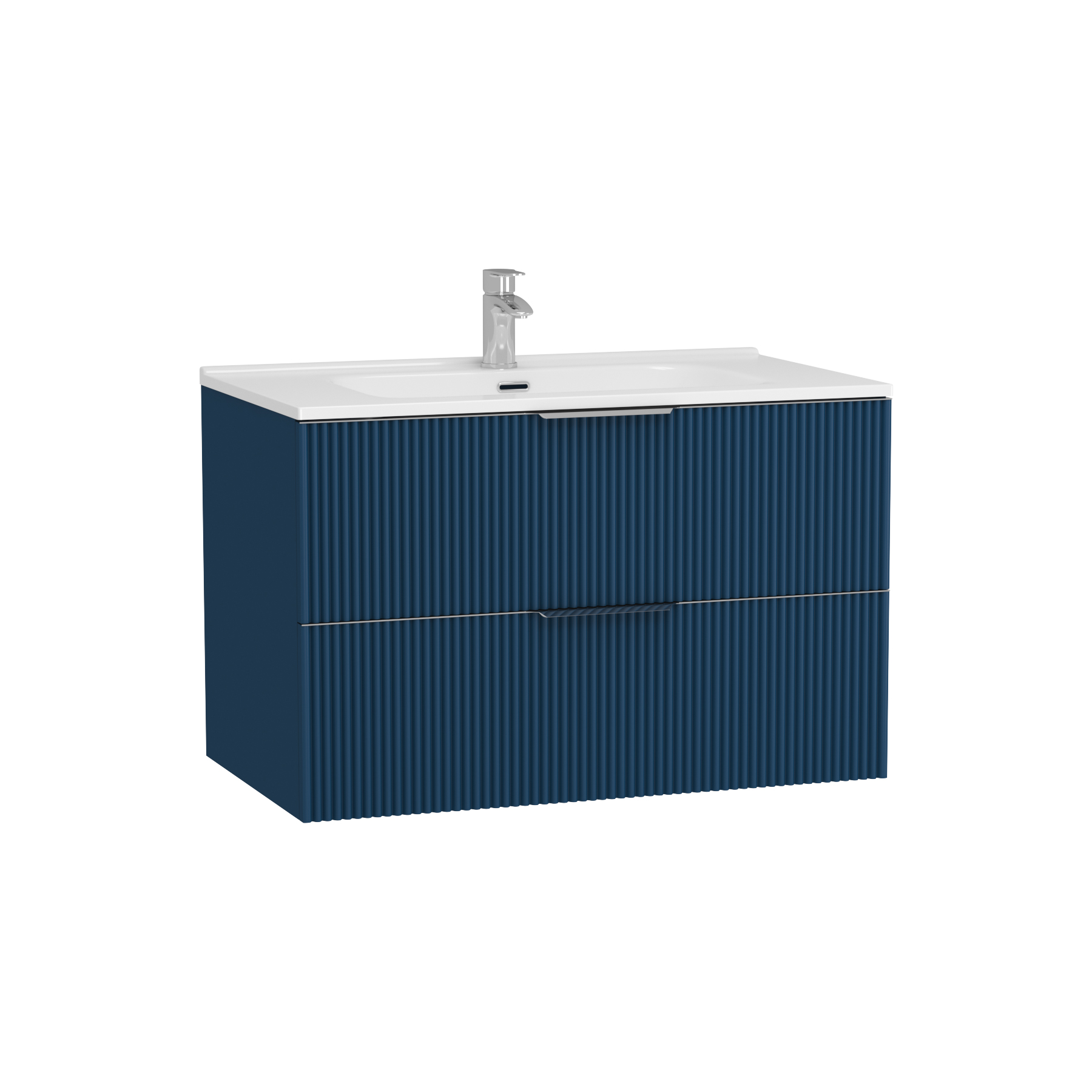 Evora 800mm Midnight Blue Fluted Wall Hung Vanity Unit 2 Drawer with Ceramic Basin