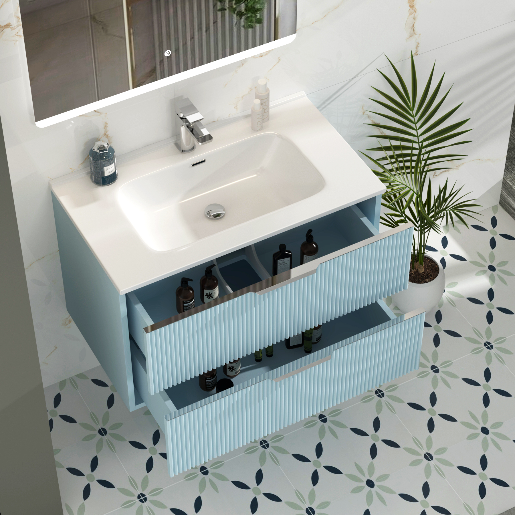 Evora 800mm Powder Blue Fluted Wall Hung Vanity Unit 2 Drawer with Ceramic Basin