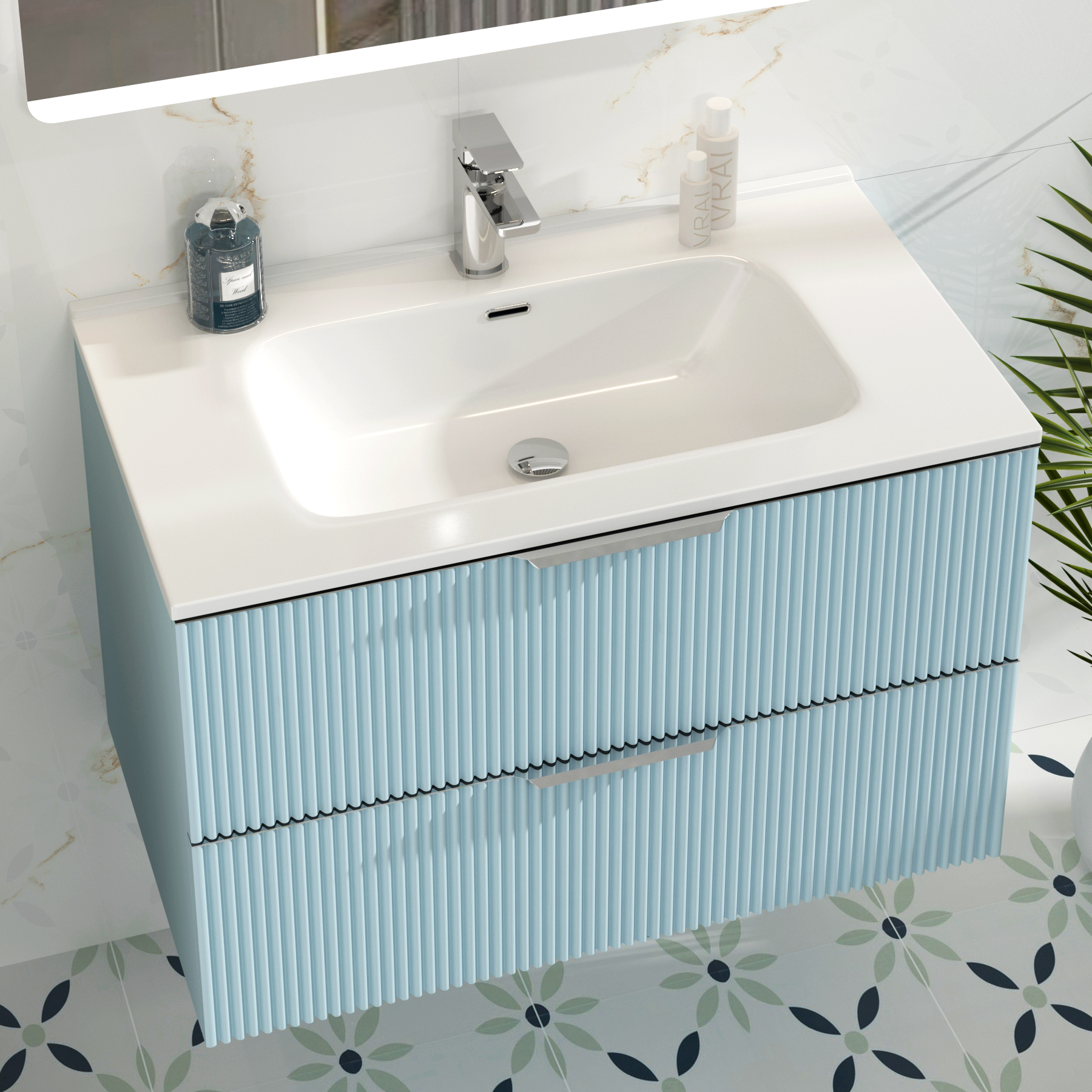 Evora 800mm Powder Blue Fluted Wall Hung Vanity Unit 2 Drawer with Ceramic Basin