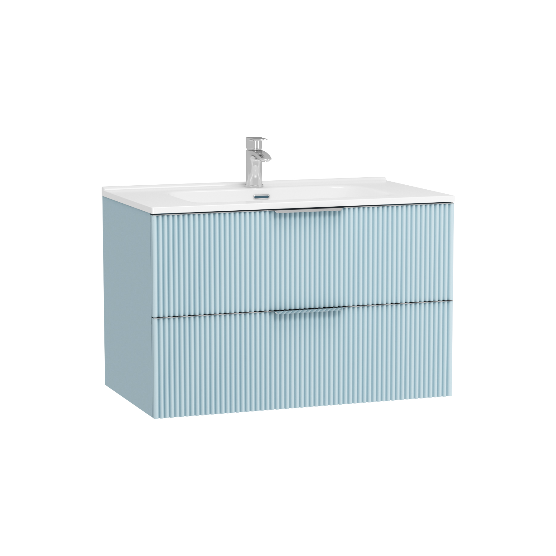 Evora 800mm Powder Blue Fluted Wall Hung Vanity Unit 2 Drawer with Ceramic Basin