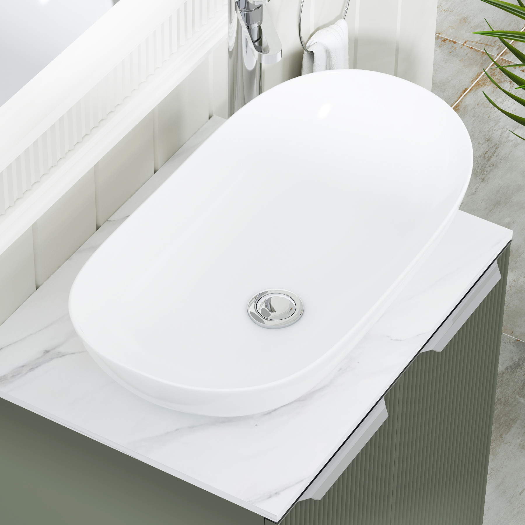 Evora 700mm Sage Green Fluted Floor Standing Countertop Vanity Unit 2 Door with Cesar Basin