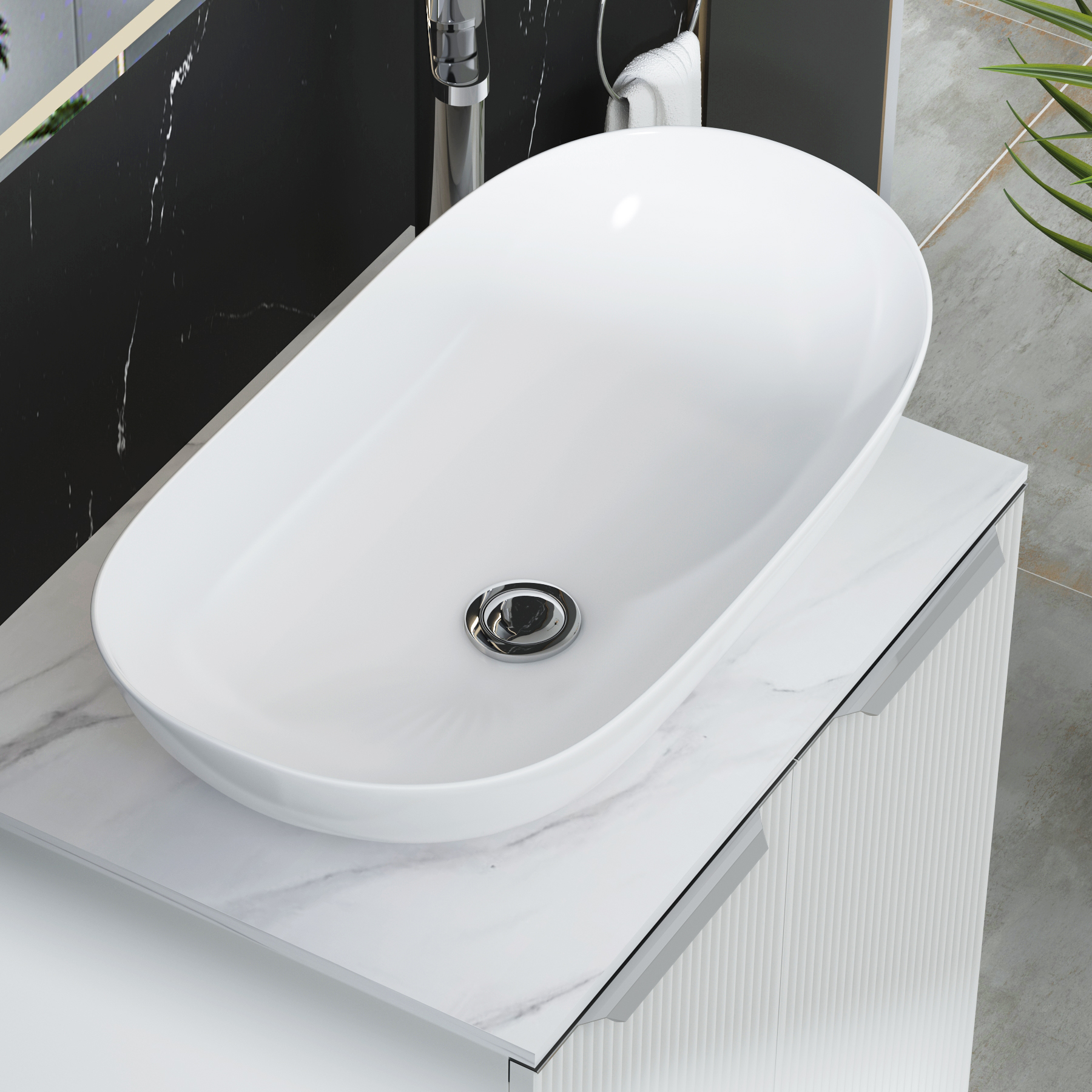 Evora 700mm Matt White Fluted Floor Standing Countertop Vanity Unit 2 Door with Cesar Basin