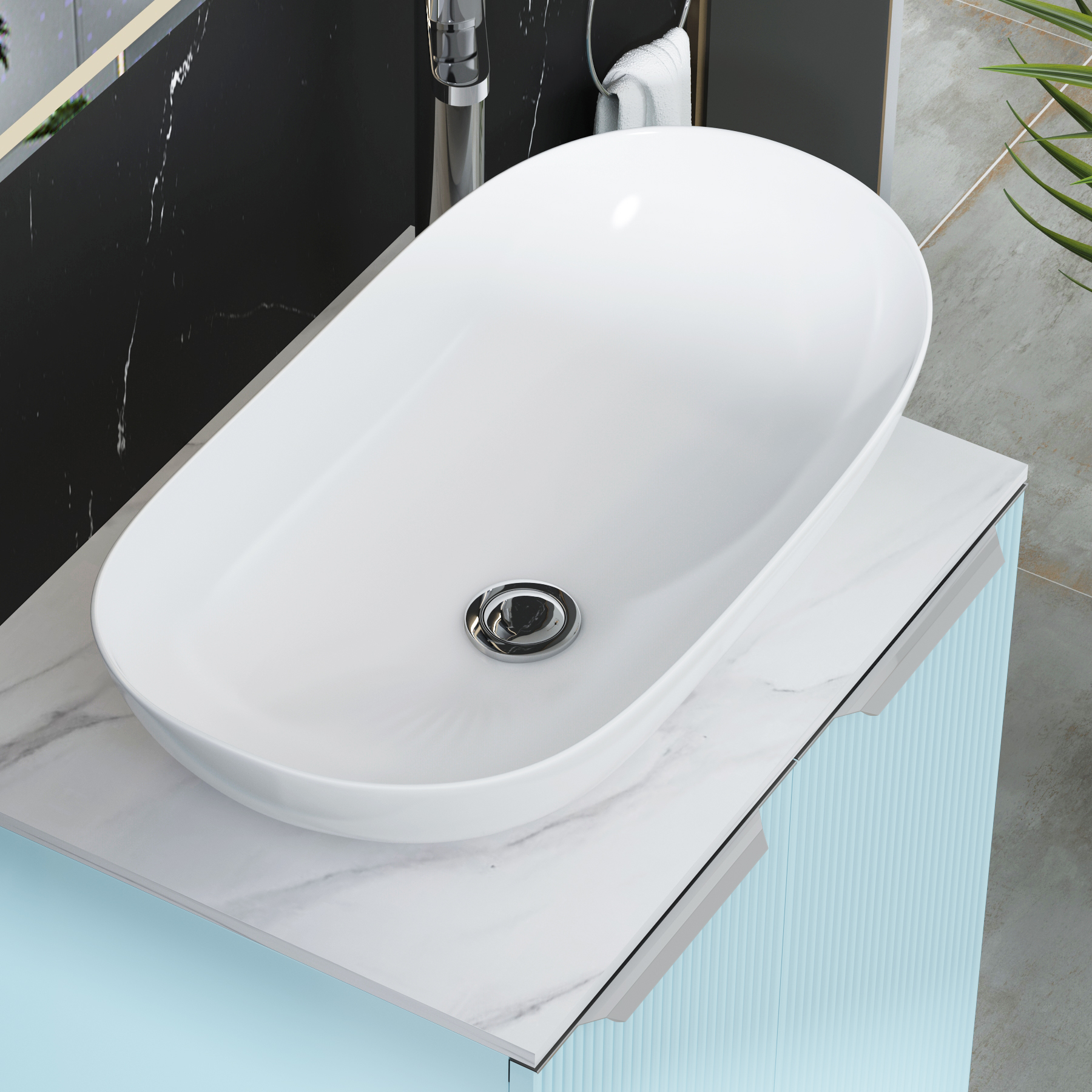 Evora 700mm Powder Blue Fluted Wall Hung Countertop Vanity Unit 2 Drawer with Cesar Basin