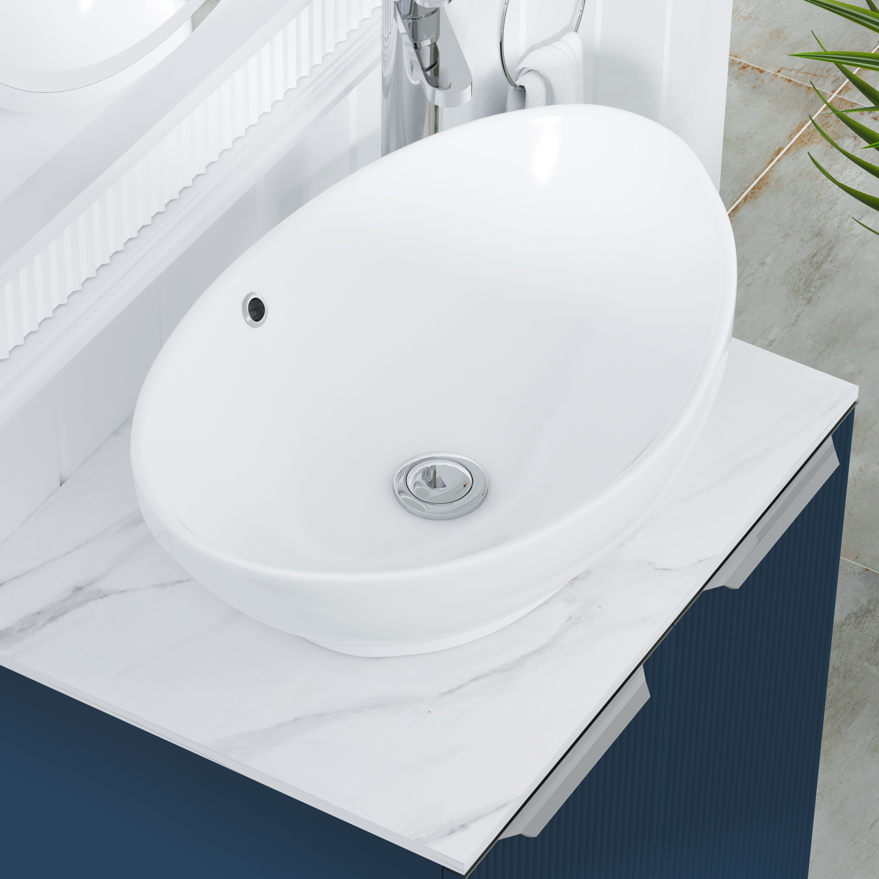 Evora 700mm Midnight Blue Fluted Wall Hung Countertop Vanity Unit 2 Drawer with Amaze Basin