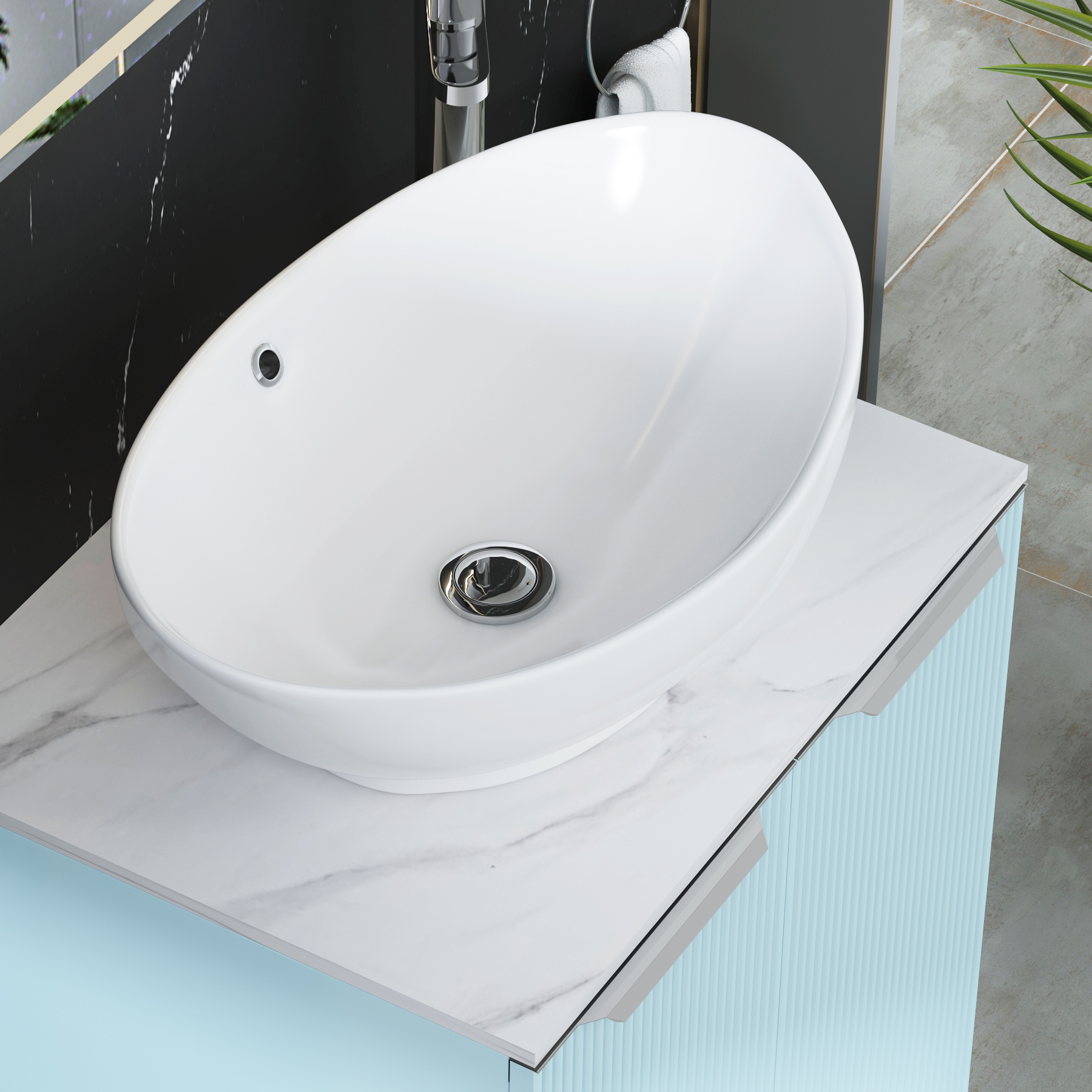 Evora 700mm Powder Blue Fluted Floor Standing Countertop Vanity Unit 2 Drawer with Amaze Basin