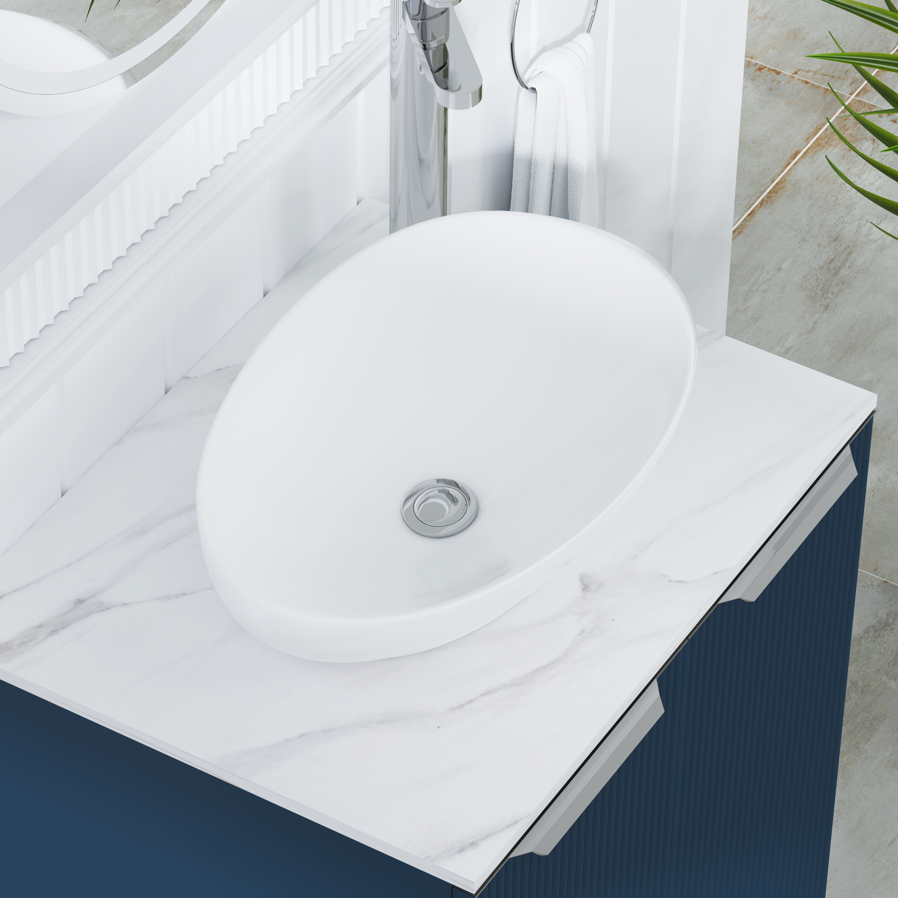 Evora 700mm Midnight Blue Fluted Wall Hung Countertop Vanity Unit 2 Drawer with Nova Basin