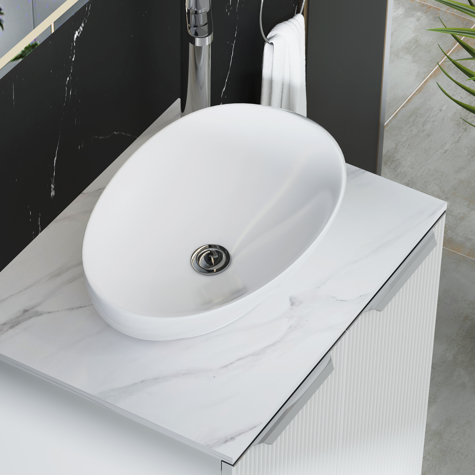 Evora 700mm Matt White Fluted Wall Hung Countertop Vanity Unit 2 Drawer with Nova Basin