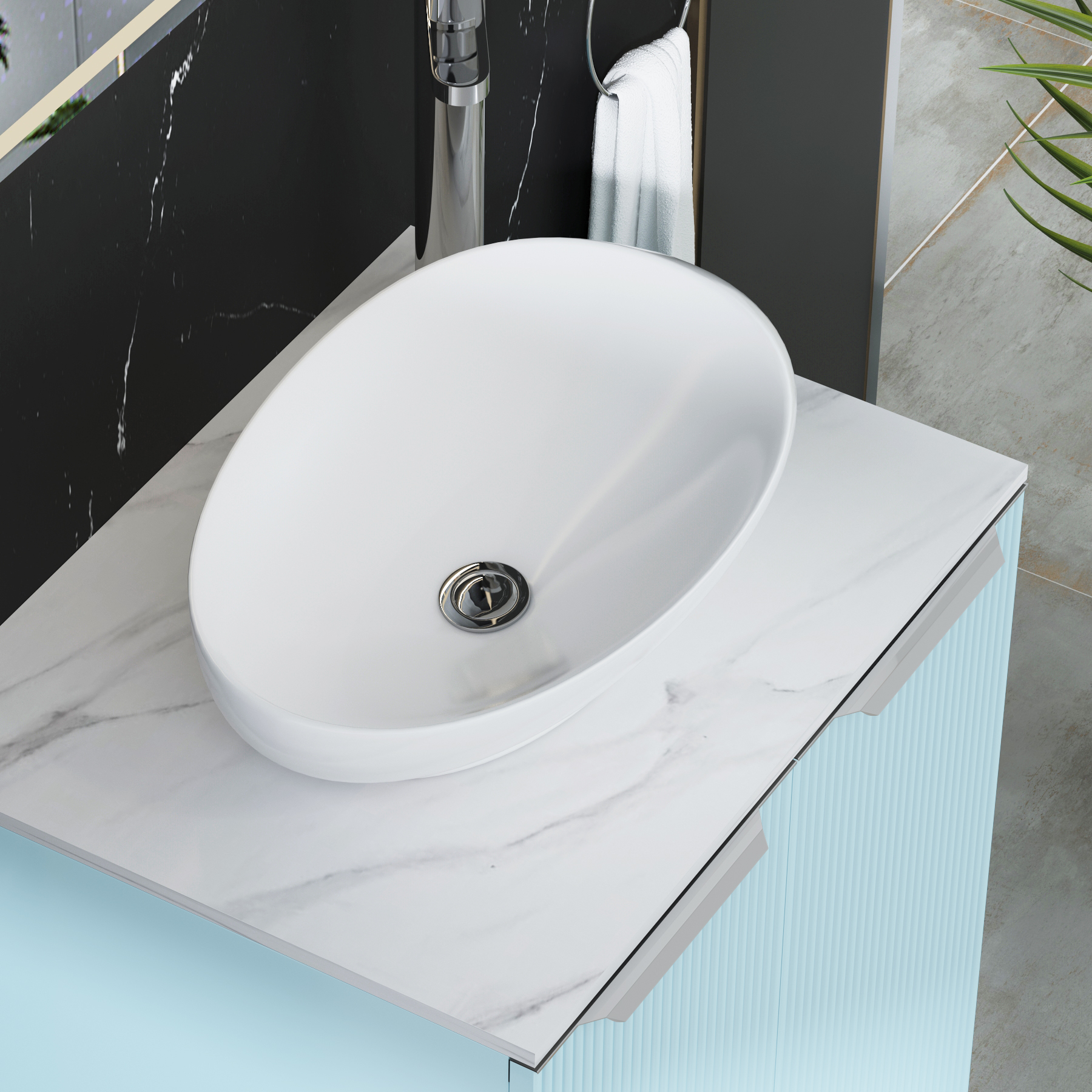 Evora 700mm Powder Blue Fluted Wall Hung Countertop Vanity Unit 2 Drawer with Nova Basin