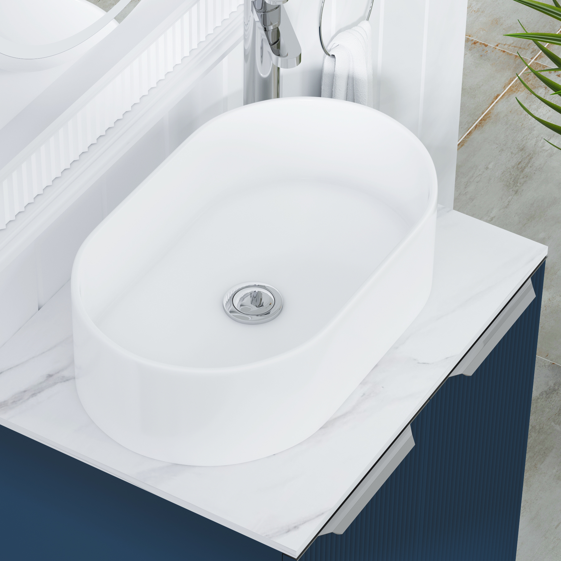 Evora 700mm Midnight Blue Fluted Floor Standing Countertop Vanity Unit 2 Drawer with Peak Basin