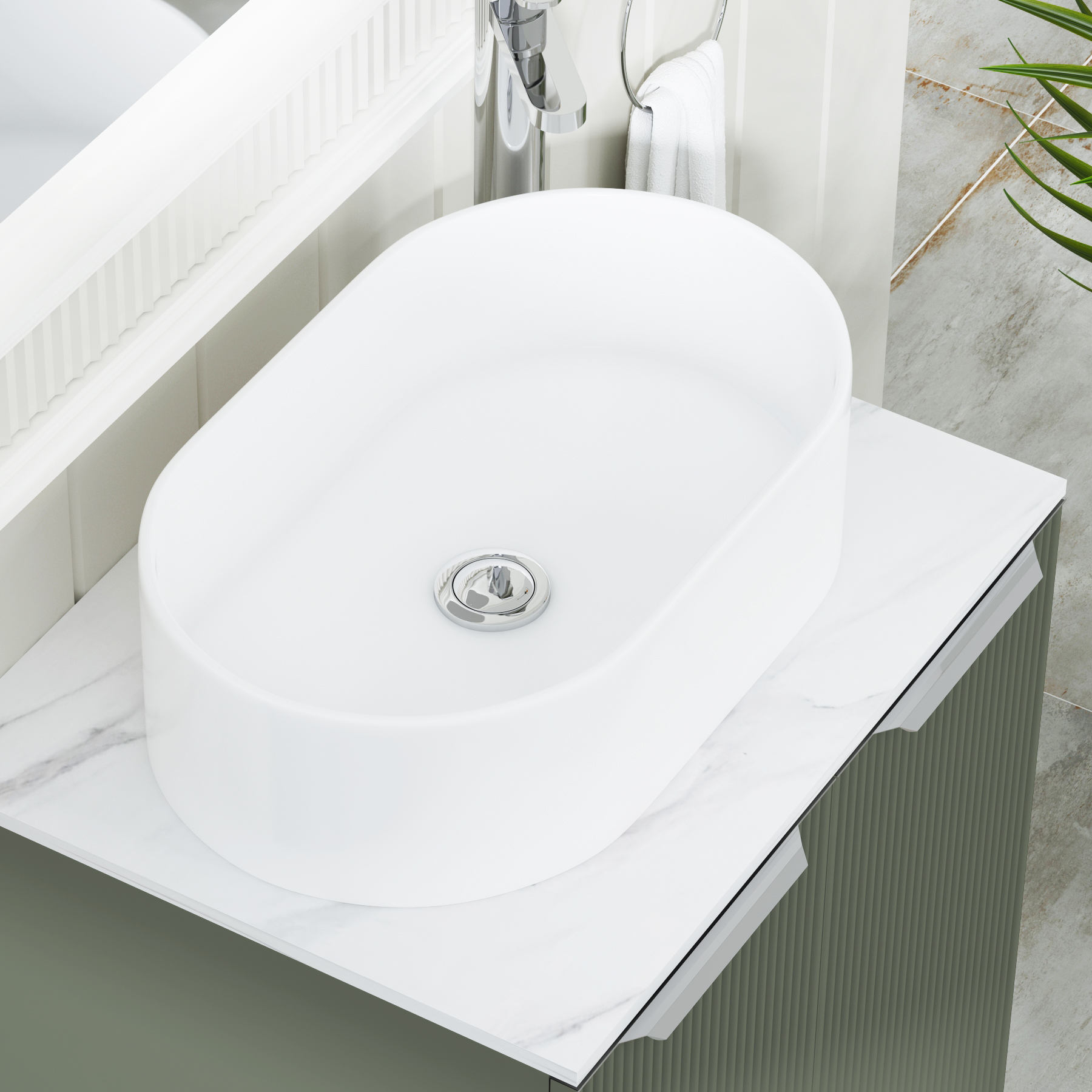Evora 700mm Sage Green Fluted Floor Standing Countertop Vanity Unit 2 Door with Peak Basin