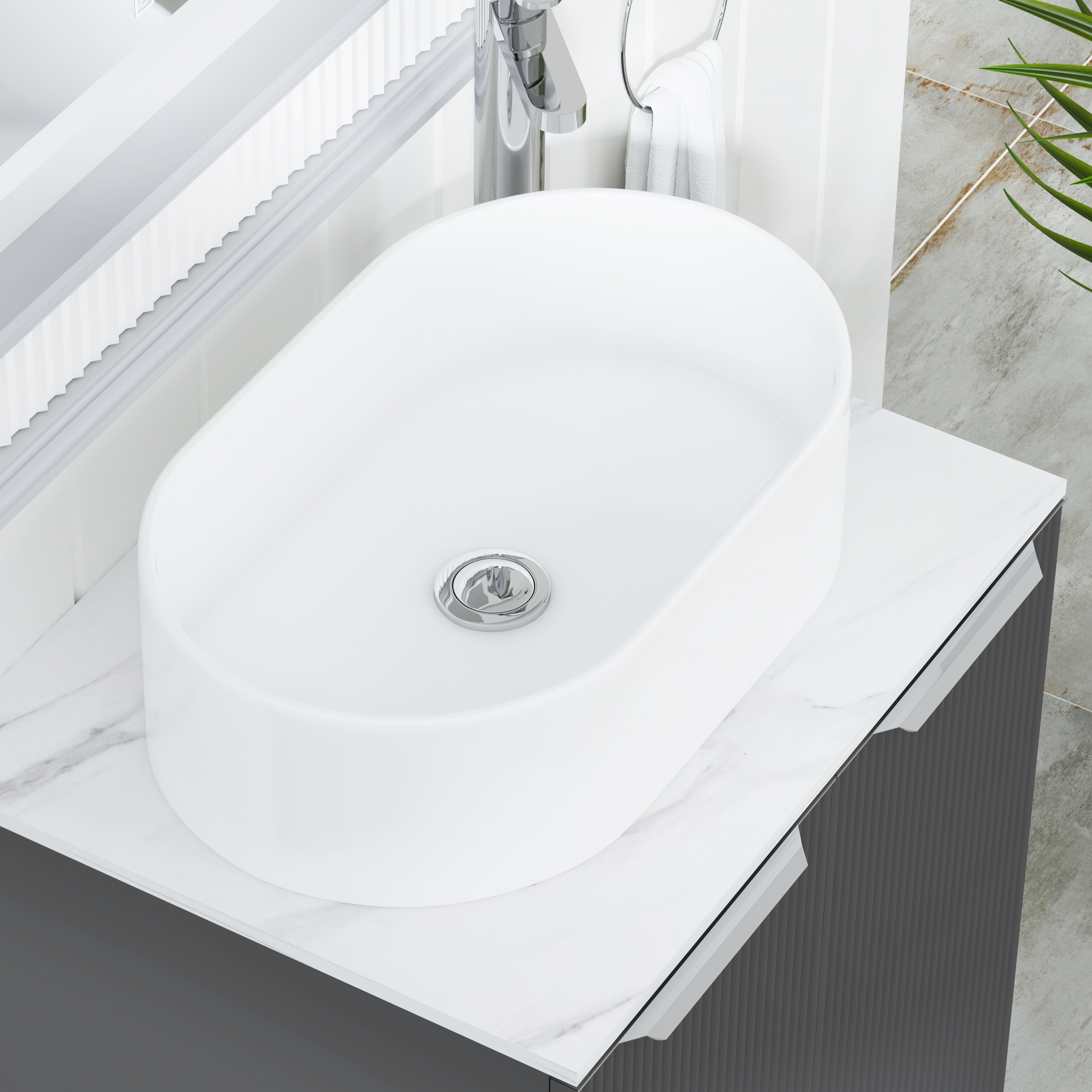 Evora 700mm Graphite Grey Fluted Floor Standing Countertop Vanity Unit 2 Door with Peak Basin