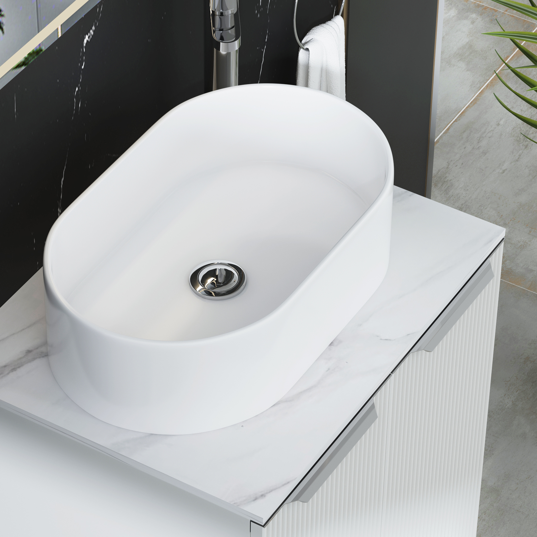 Evora 700mm Matt White Fluted Floor Standing Countertop Vanity Unit 2 Drawer with Peak Basin