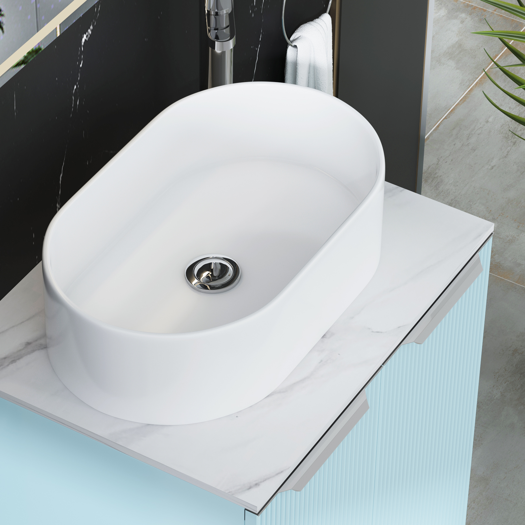 Evora 700mm Powder Blue Fluted Floor Standing Countertop Vanity Unit 2 Drawer with Peak Basin