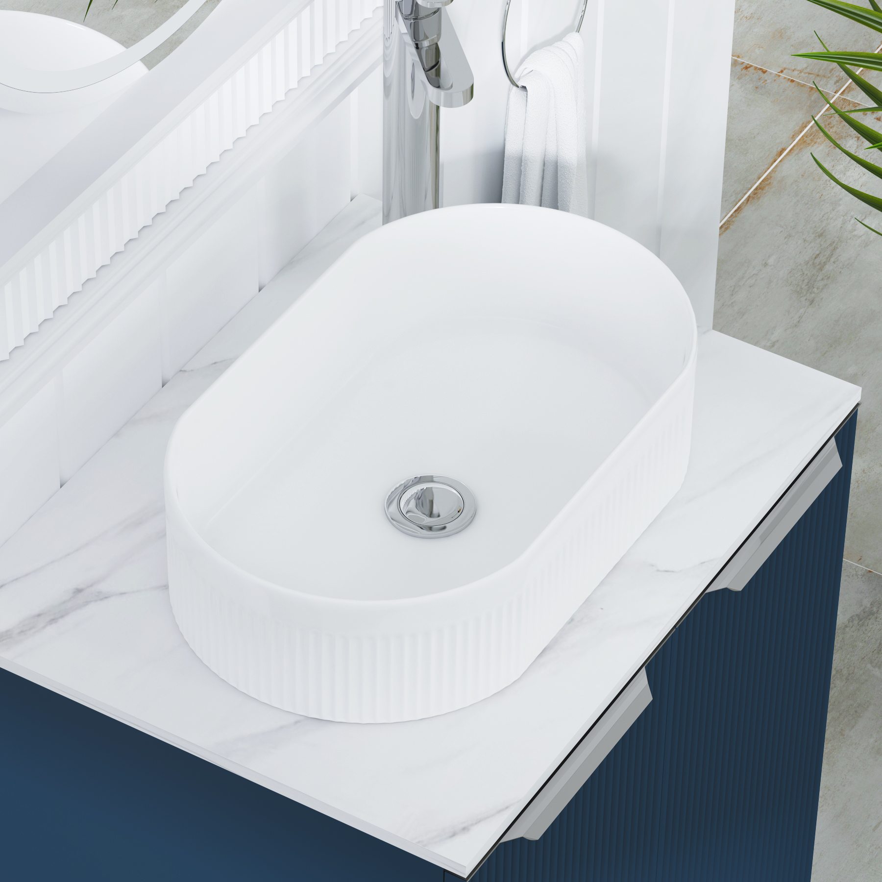 Evora 700mm Midnight Blue Fluted Floor Standing Countertop Vanity Unit 2 Drawer with Lyon Basin