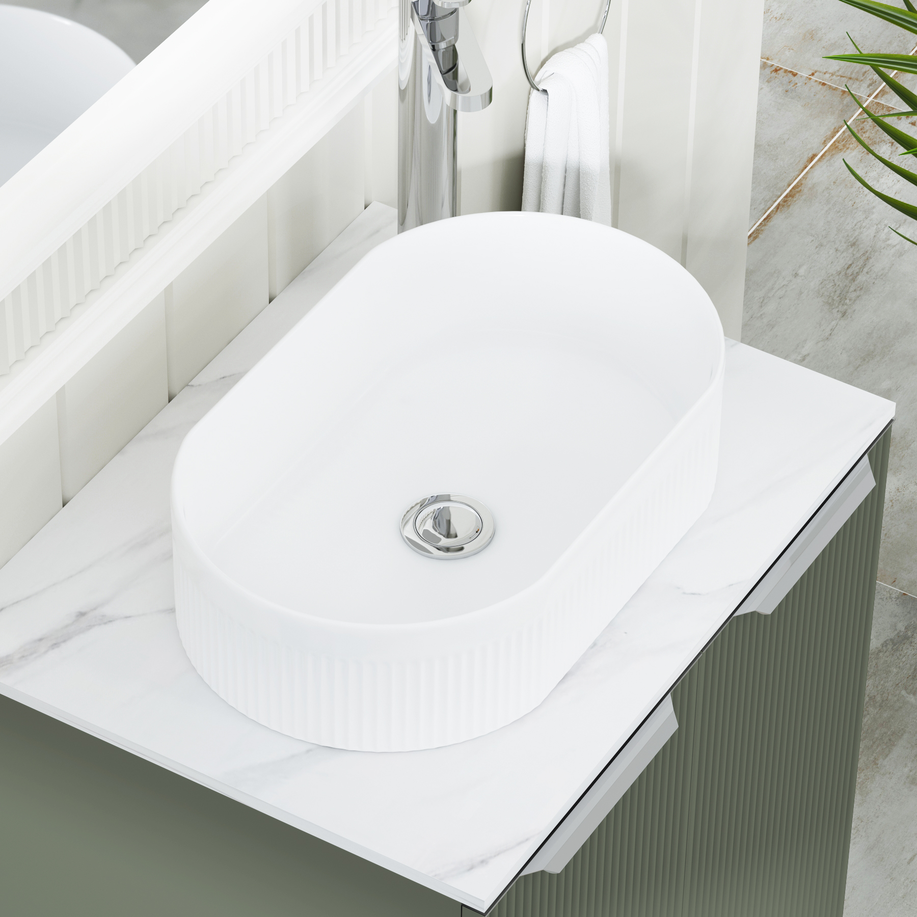 Evora 700mm Sage Green Fluted Floor Standing Countertop Vanity Unit 2 Door with Lyon Basin