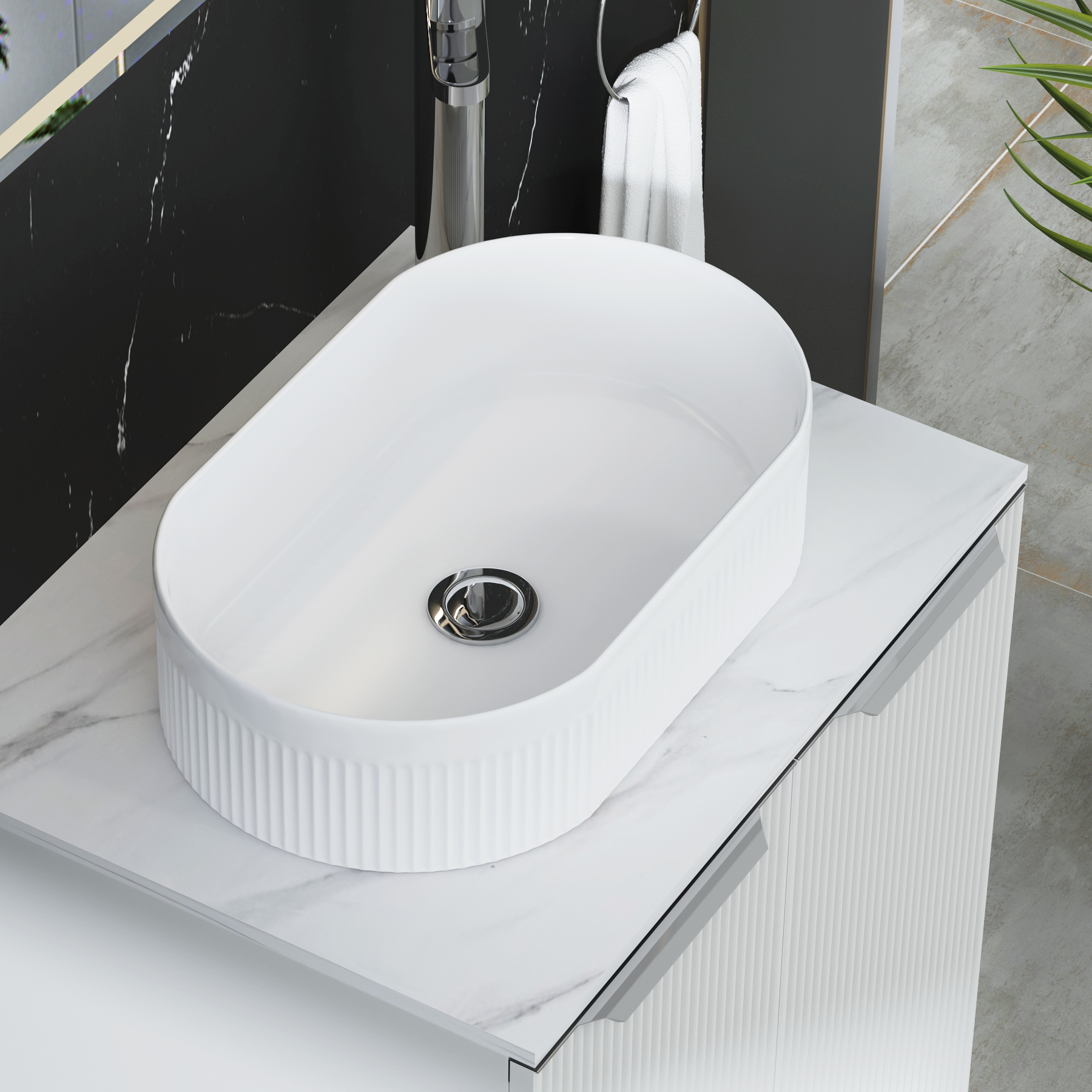 Evora 700mm Matt White Fluted Floor Standing Countertop Vanity Unit 2 Drawer with Lyon Basin
