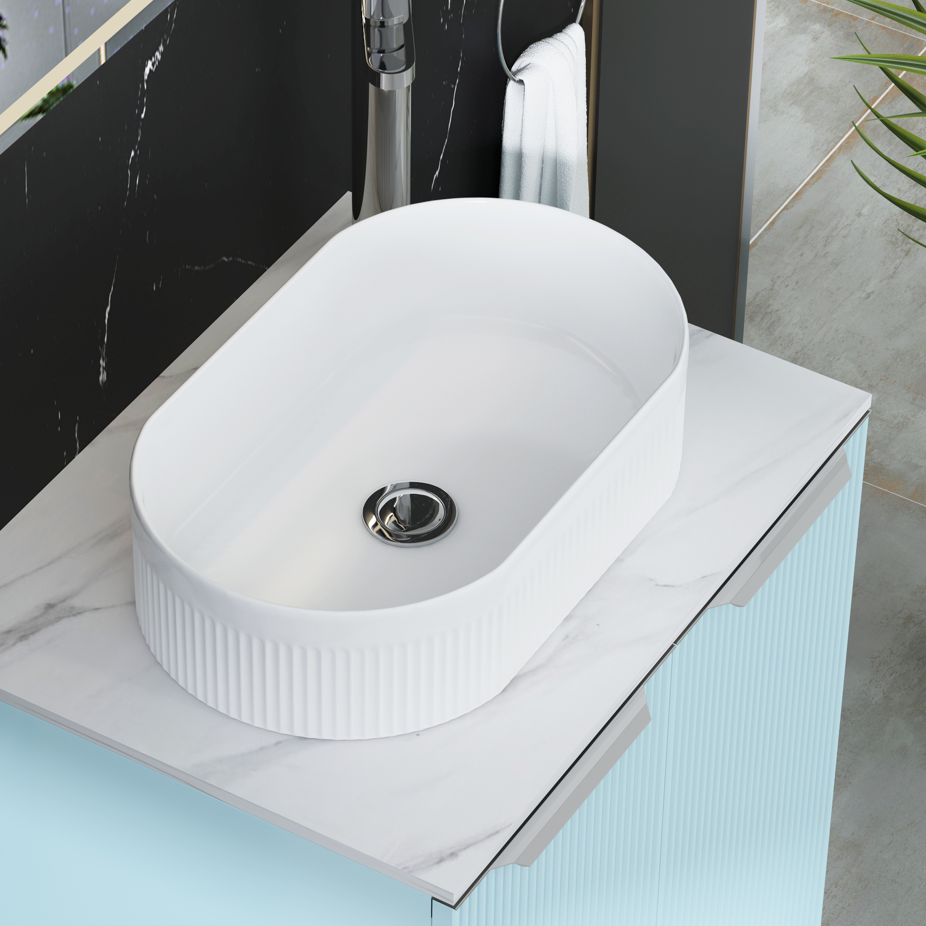 Evora 700mm Powder Blue Fluted Wall Hung Countertop Vanity Unit 2 Drawer with Lyon Basin