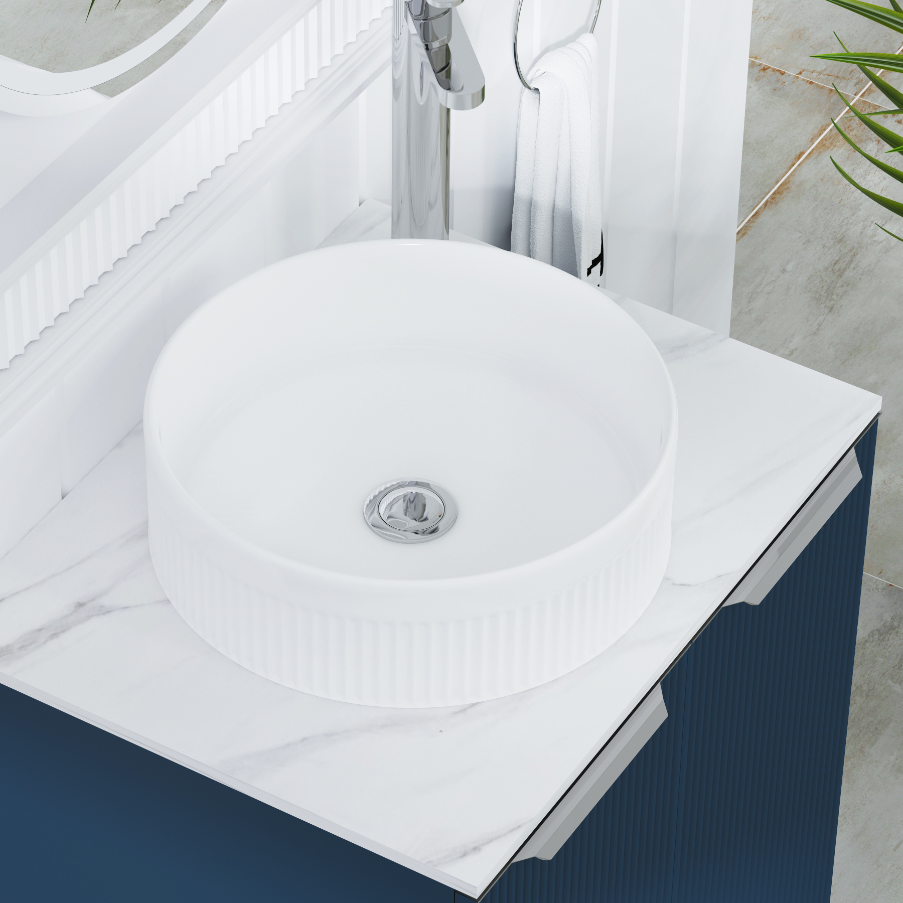 Evora 700mm Midnight Blue Fluted Floor Standing Countertop Vanity Unit 2 Drawer with Round Basin