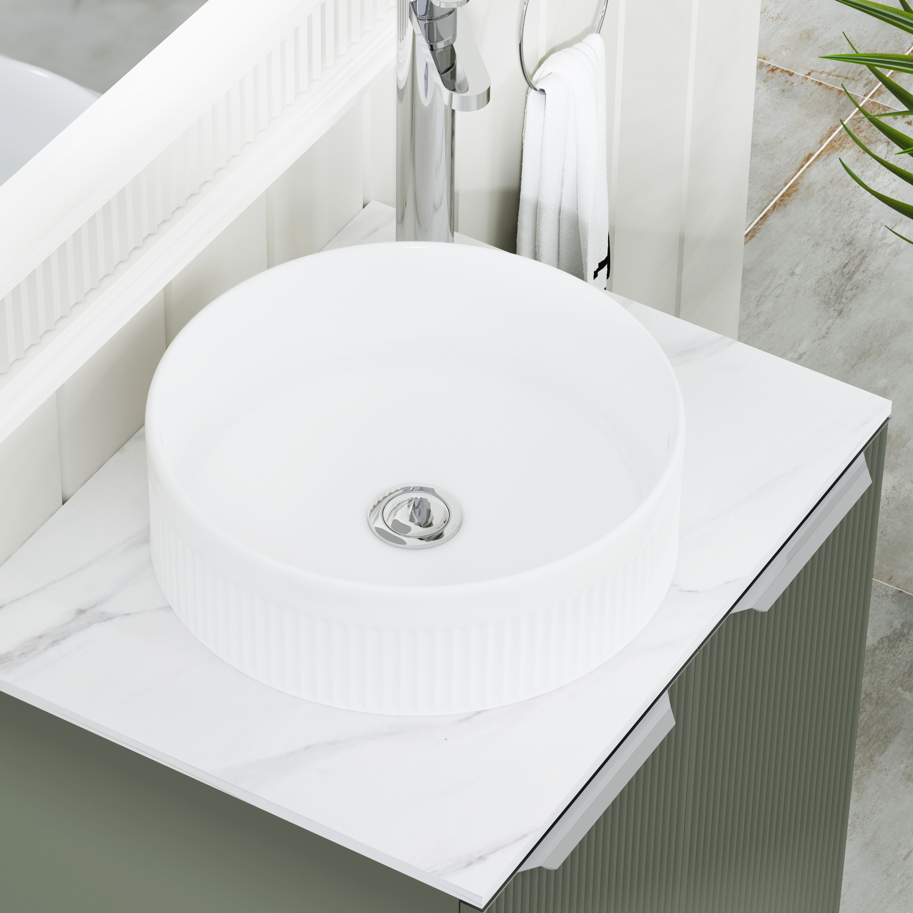 Evora 700mm Sage Green Fluted Floor Standing Countertop Vanity Unit 2 Door with Round Basin