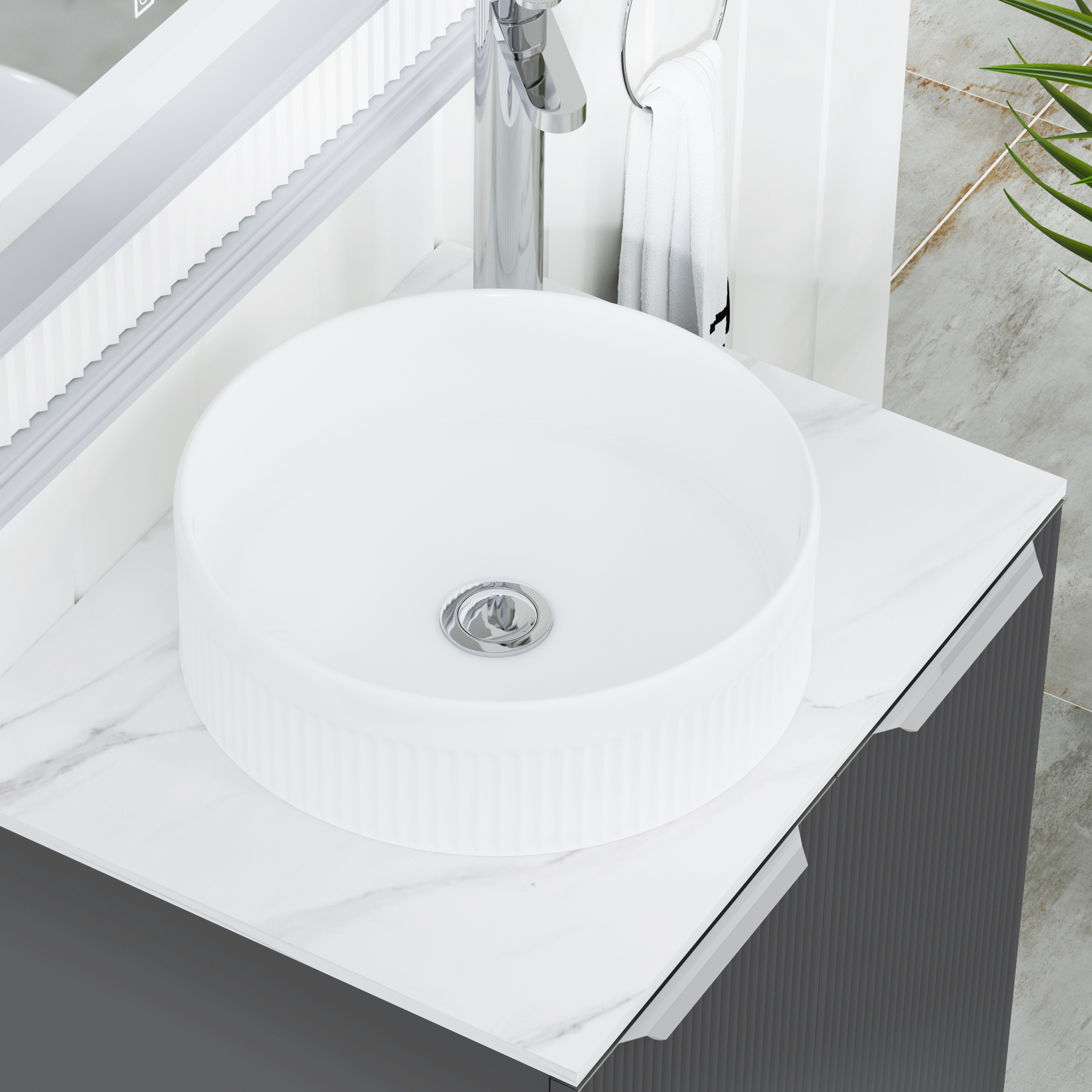 Evora 700mm Graphite Grey Fluted Floor Standing Countertop Vanity Unit 2 Door with Round Basin