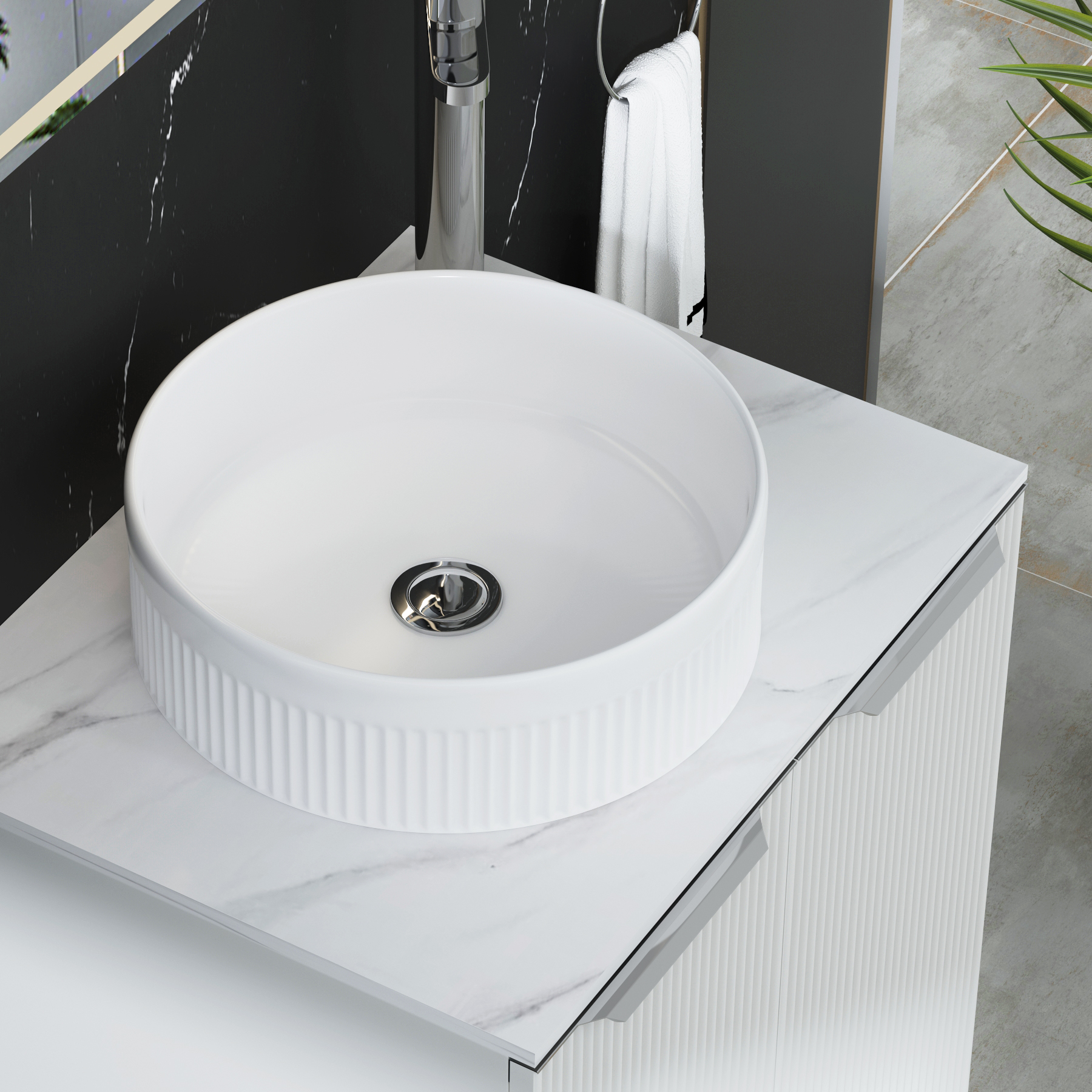 Evora 700mm Matt White Fluted Floor Standing Countertop Vanity Unit 2 Door with Round Basin