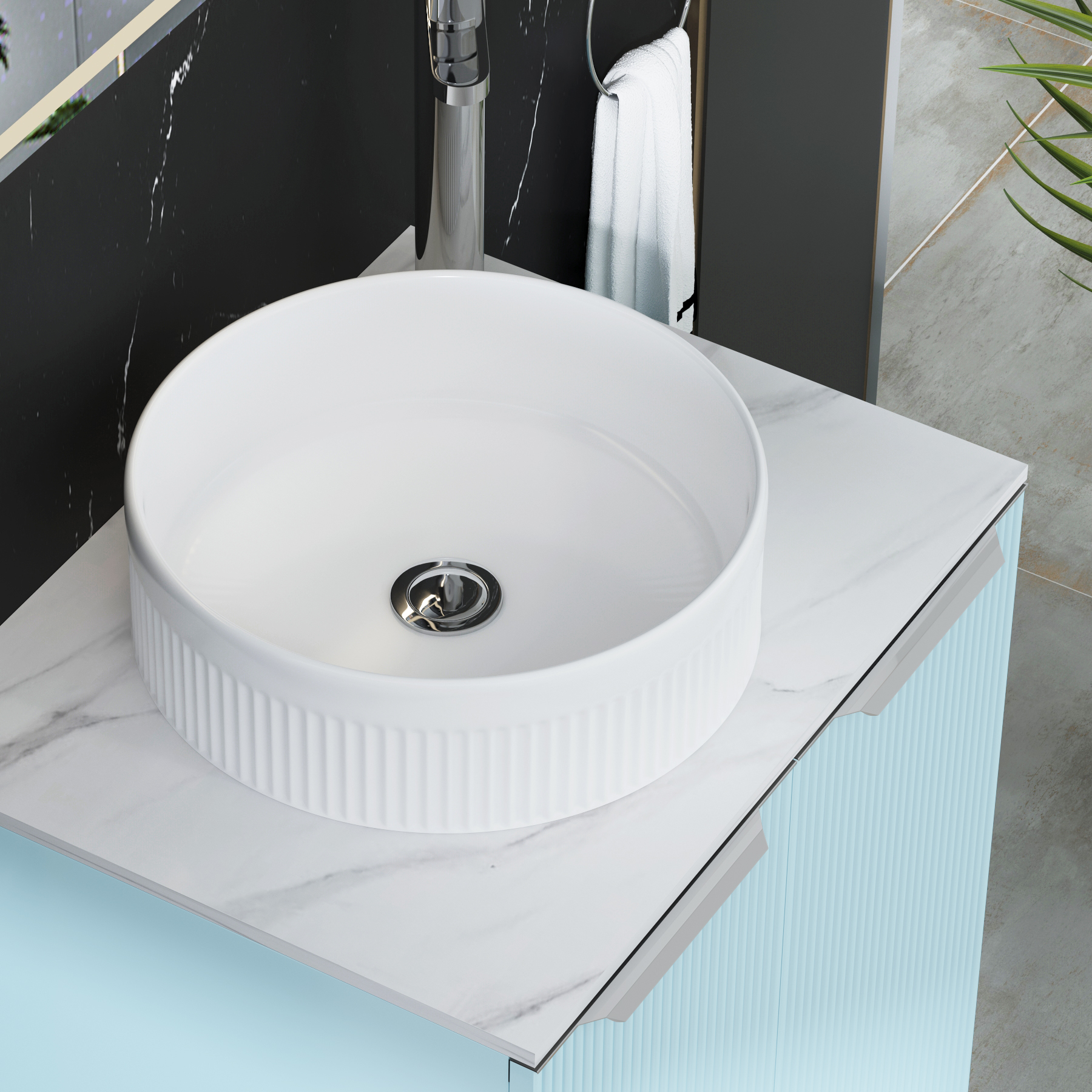 Evora 700mm Powder Blue Fluted Wall Hung Countertop Vanity Unit 2 Drawer with Round Basin