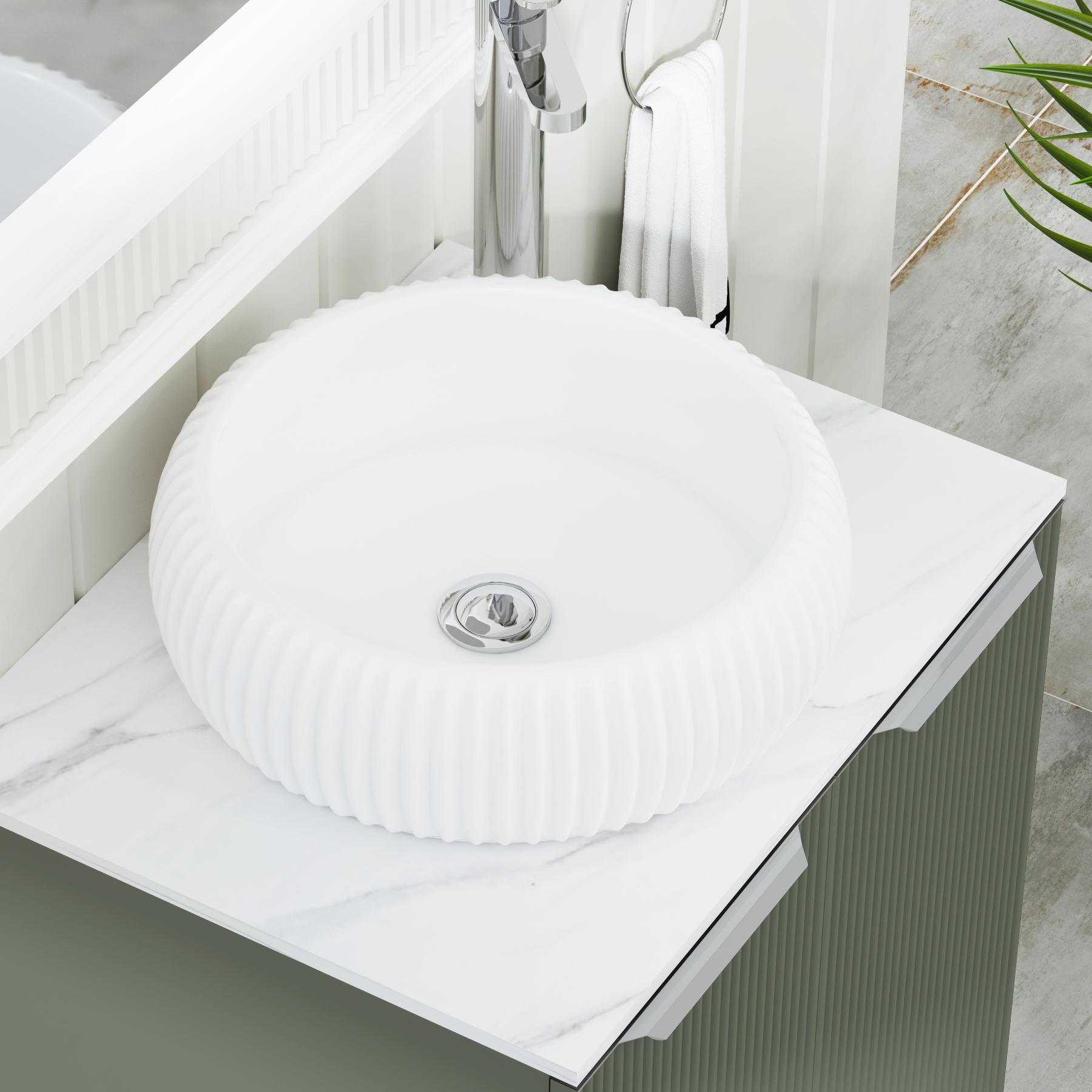 Evora 700mm Sage Green Fluted Floor Standing Countertop Vanity Unit 2 Door with Milan Basin