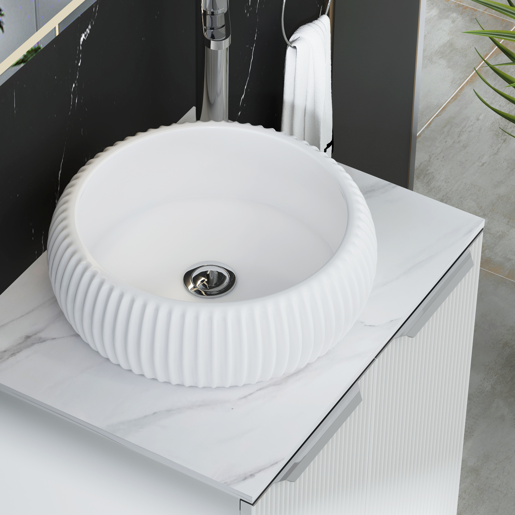 Evora 700mm Matt White Fluted Wall Hung Countertop Vanity Unit 2 Drawer with Milan Basin