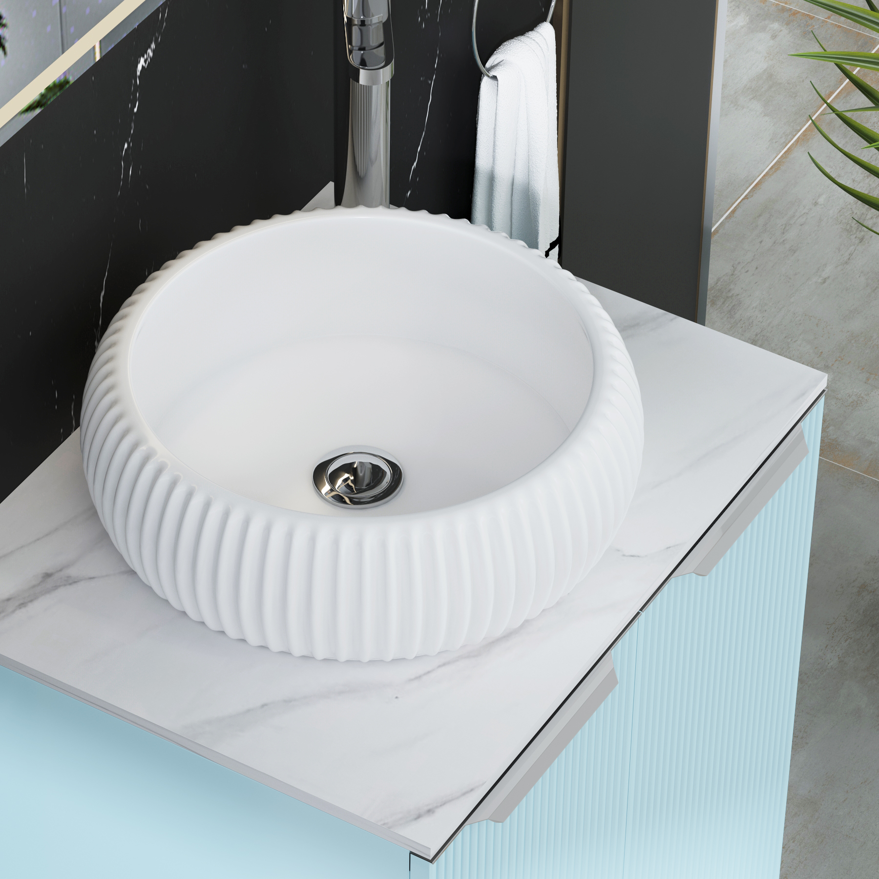 Evora 700mm Powder Blue Fluted Floor Standing Countertop Vanity Unit 2 Drawer with Milan Basin
