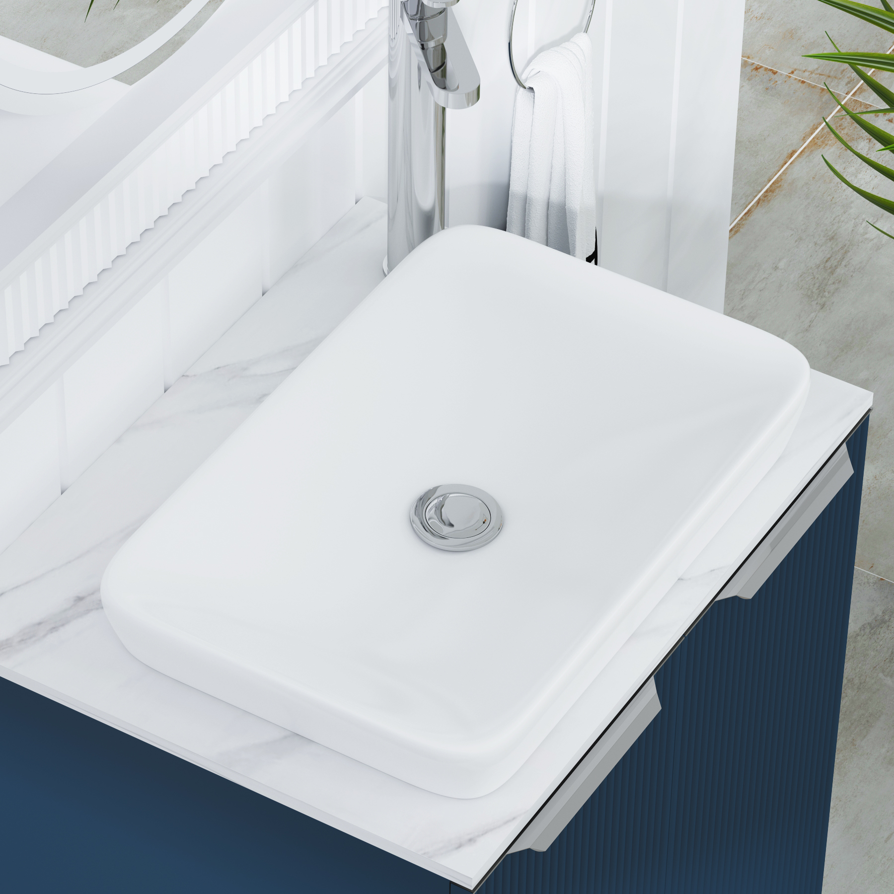 Evora 700mm Midnight Blue Fluted Floor Standing Countertop Vanity Unit 2 Drawer with Qubix Basin