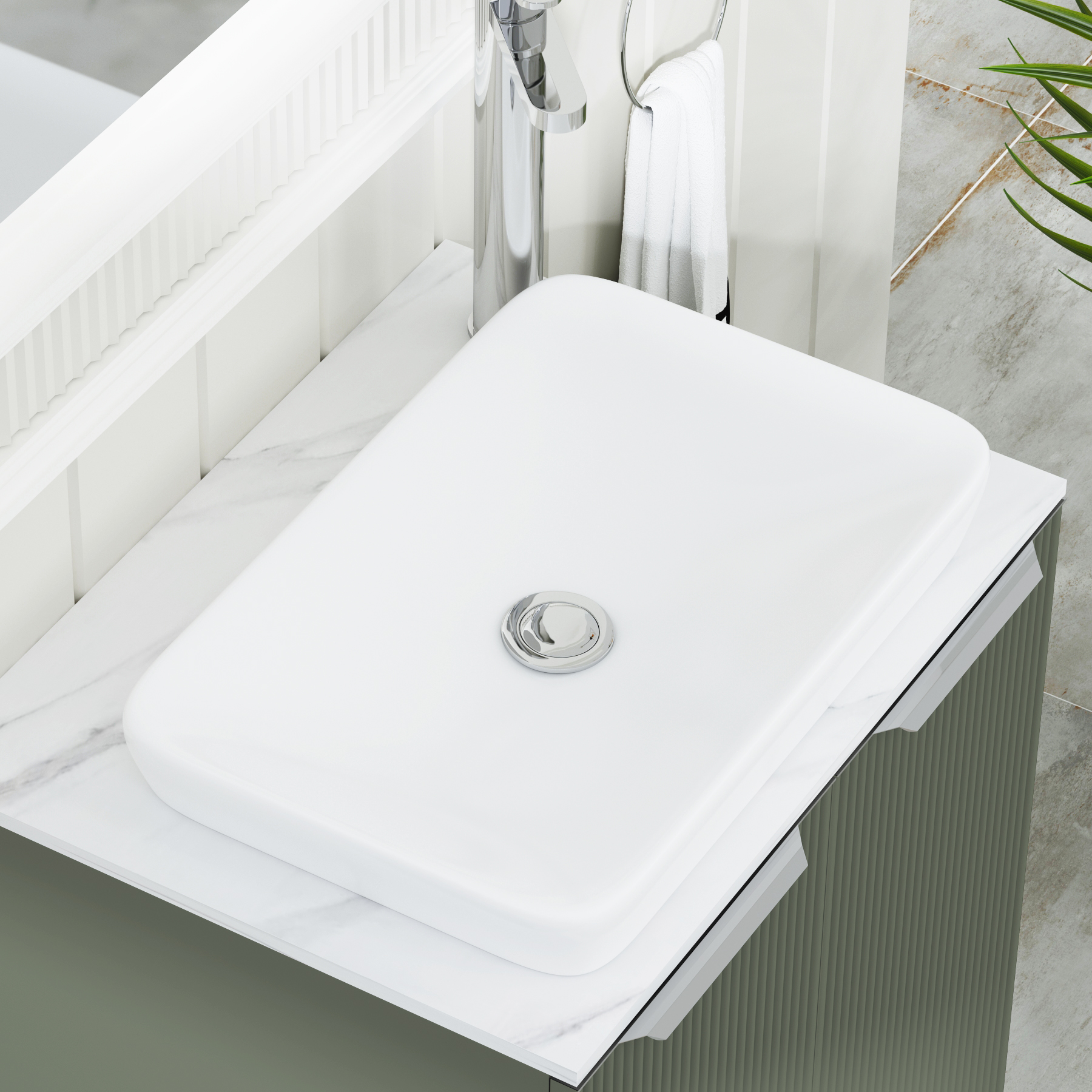 Evora 700mm Sage Green Fluted Floor Standing Countertop Vanity Unit 2 Door with Qubix Basin