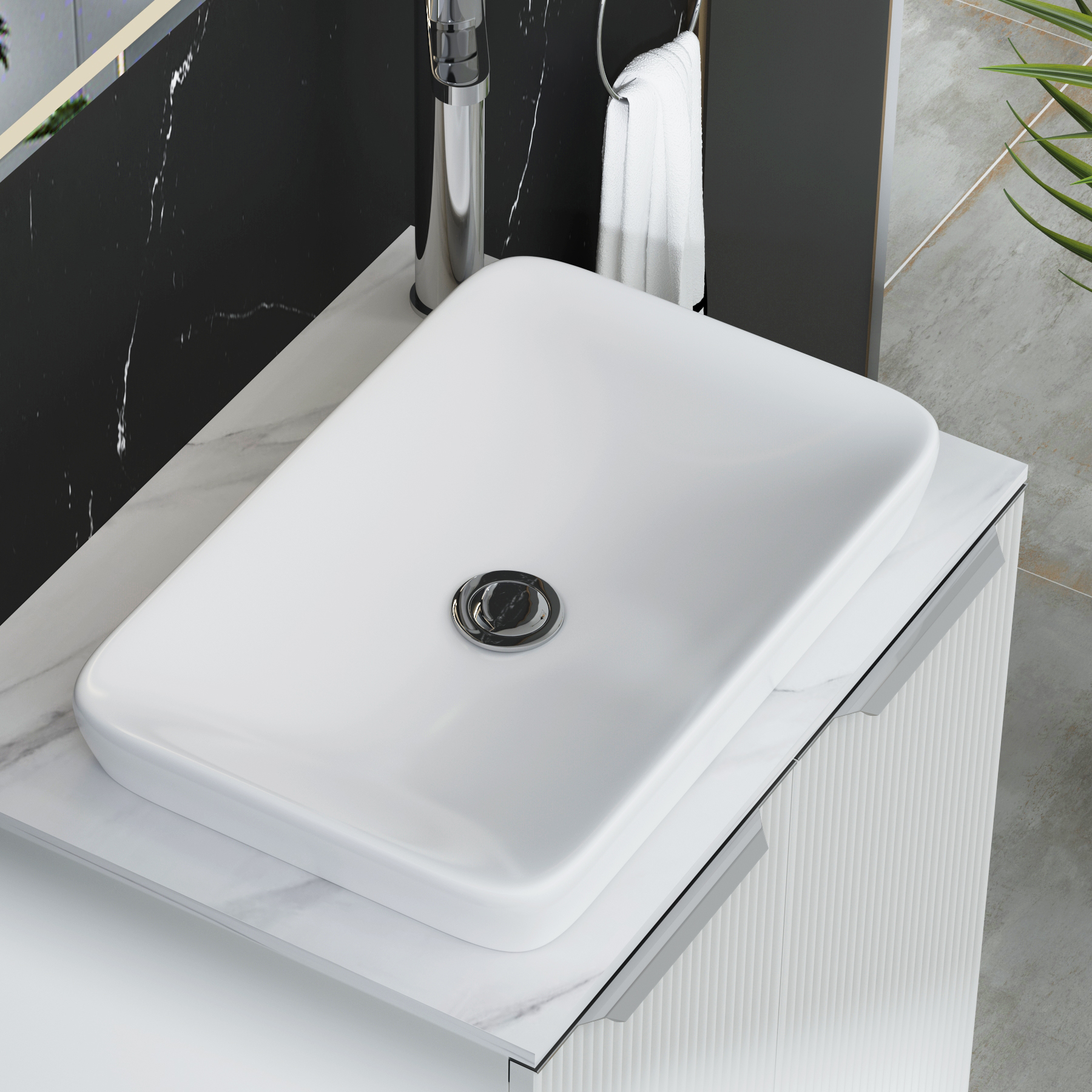 Evora 700mm Matt White Fluted Floor Standing Countertop Vanity Unit 2 Drawer with Qubix Basin