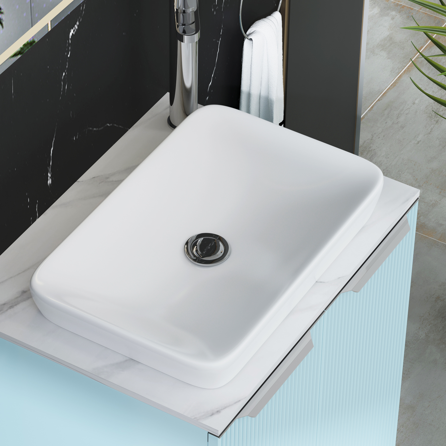Evora 700mm Powder Blue Fluted Floor Standing Countertop Vanity Unit 2 Drawer with Qubix Basin