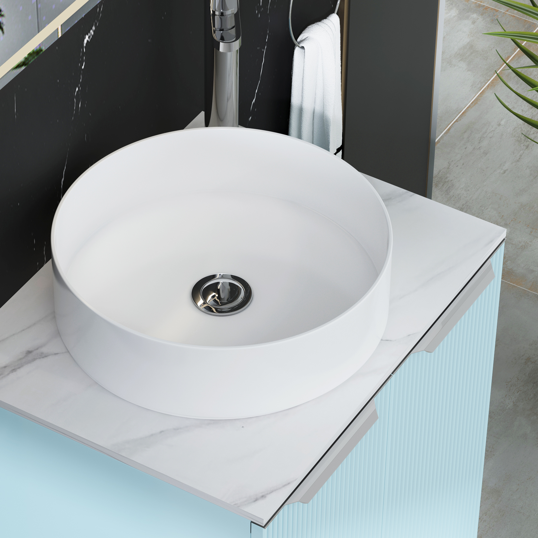Evora 700mm Powder Blue Fluted Wall Hung Countertop Vanity Unit 2 Drawer with Art Basin