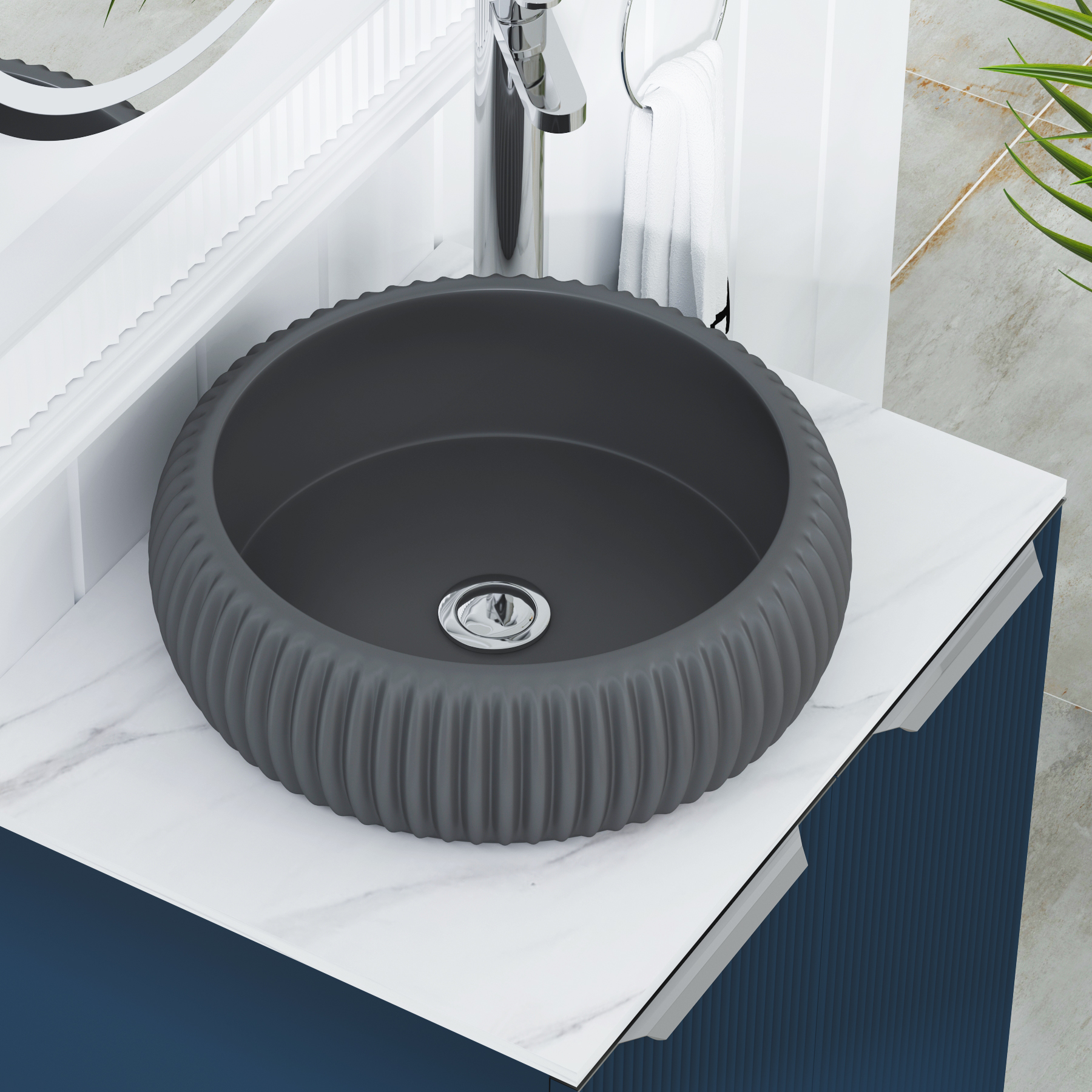 Evora 700mm Midnight Blue Fluted Wall Hung Countertop Vanity Unit 2 Drawer with Milan Black Basin