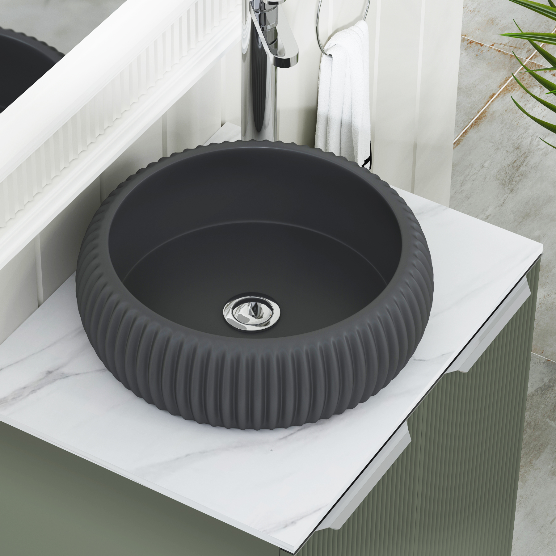 Evora 700mm Sage Green Fluted Floor Standing Countertop Vanity Unit 2 Drawer with Milan Black Basin