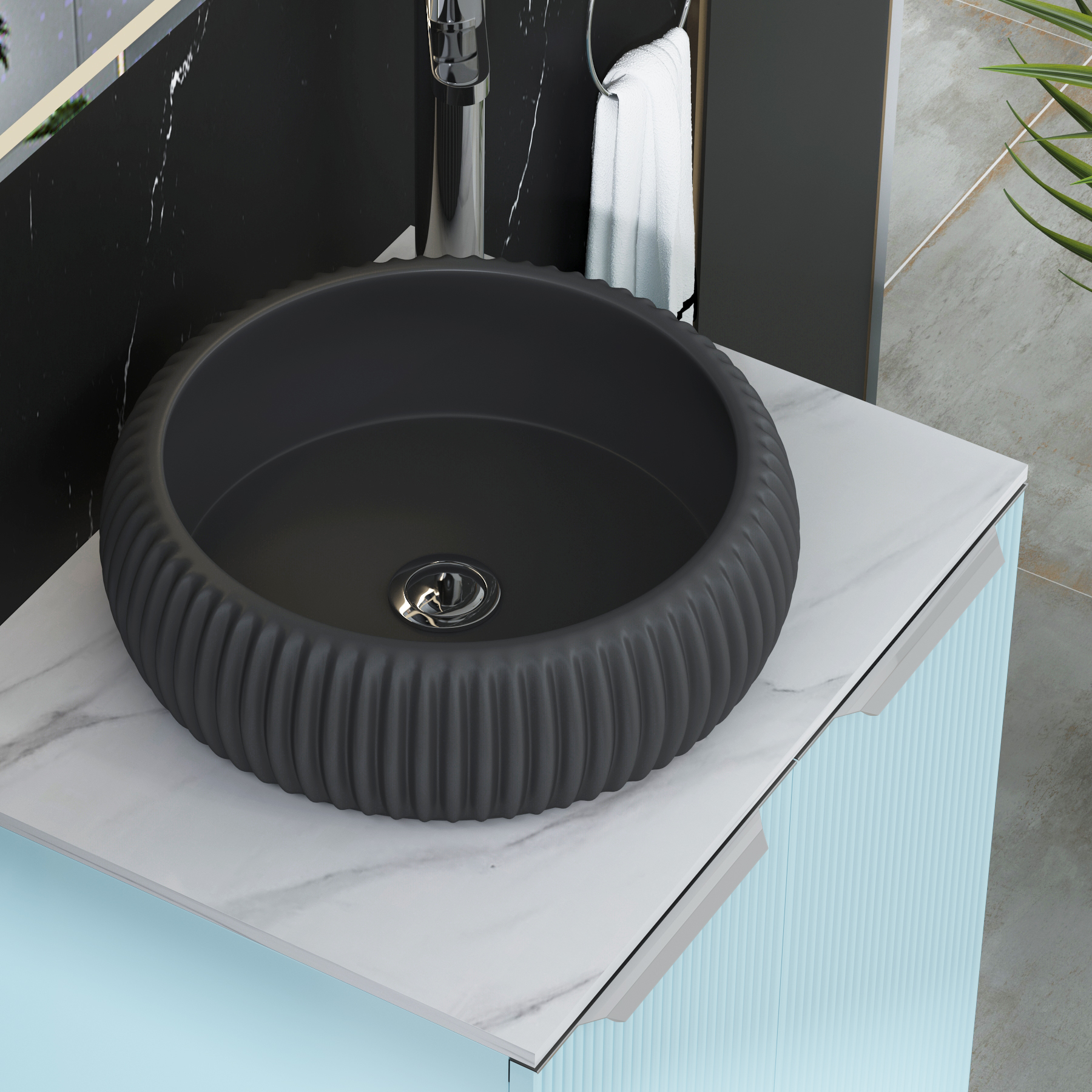 Evora 700mm Powder Blue Fluted Wall Hung Countertop Vanity Unit 2 Drawer with Milan Black Basin
