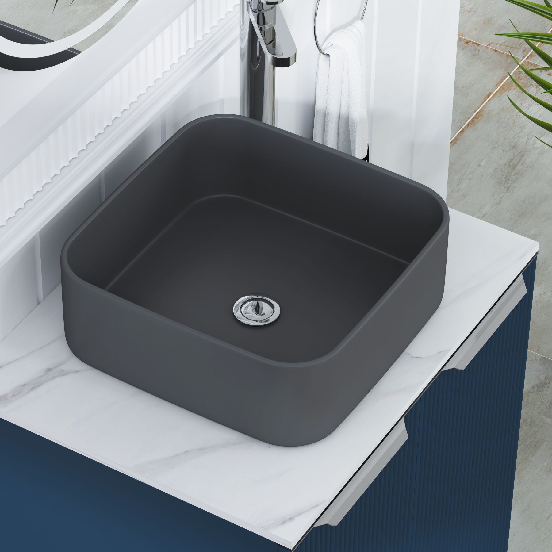 Evora 700mm Midnight Blue Fluted Wall Hung Countertop Vanity Unit 2 Drawer with Art Square Basin