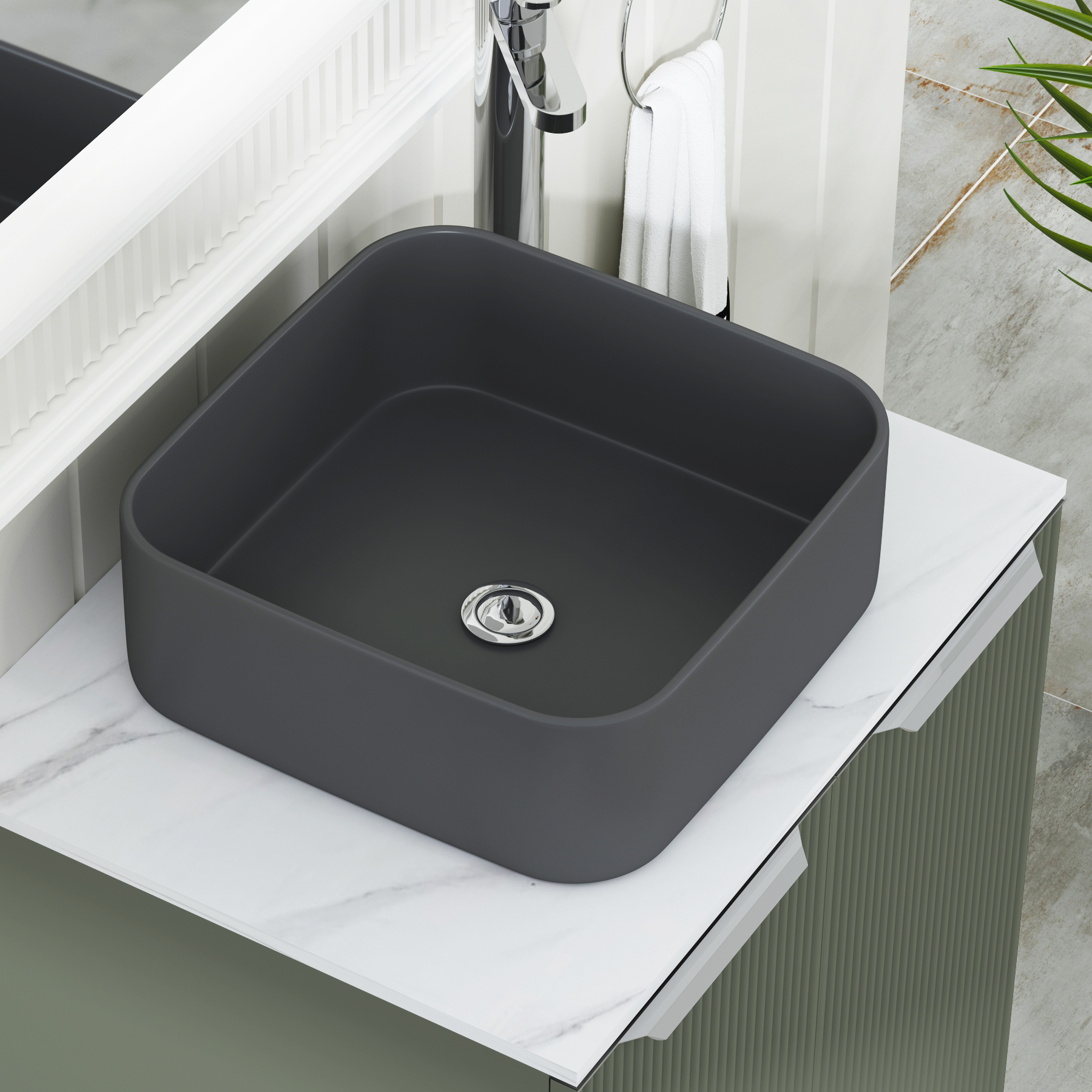 Evora 700mm Sage Green Fluted Floor Standing Countertop Vanity Unit 2 Drawer with Art Square Basin