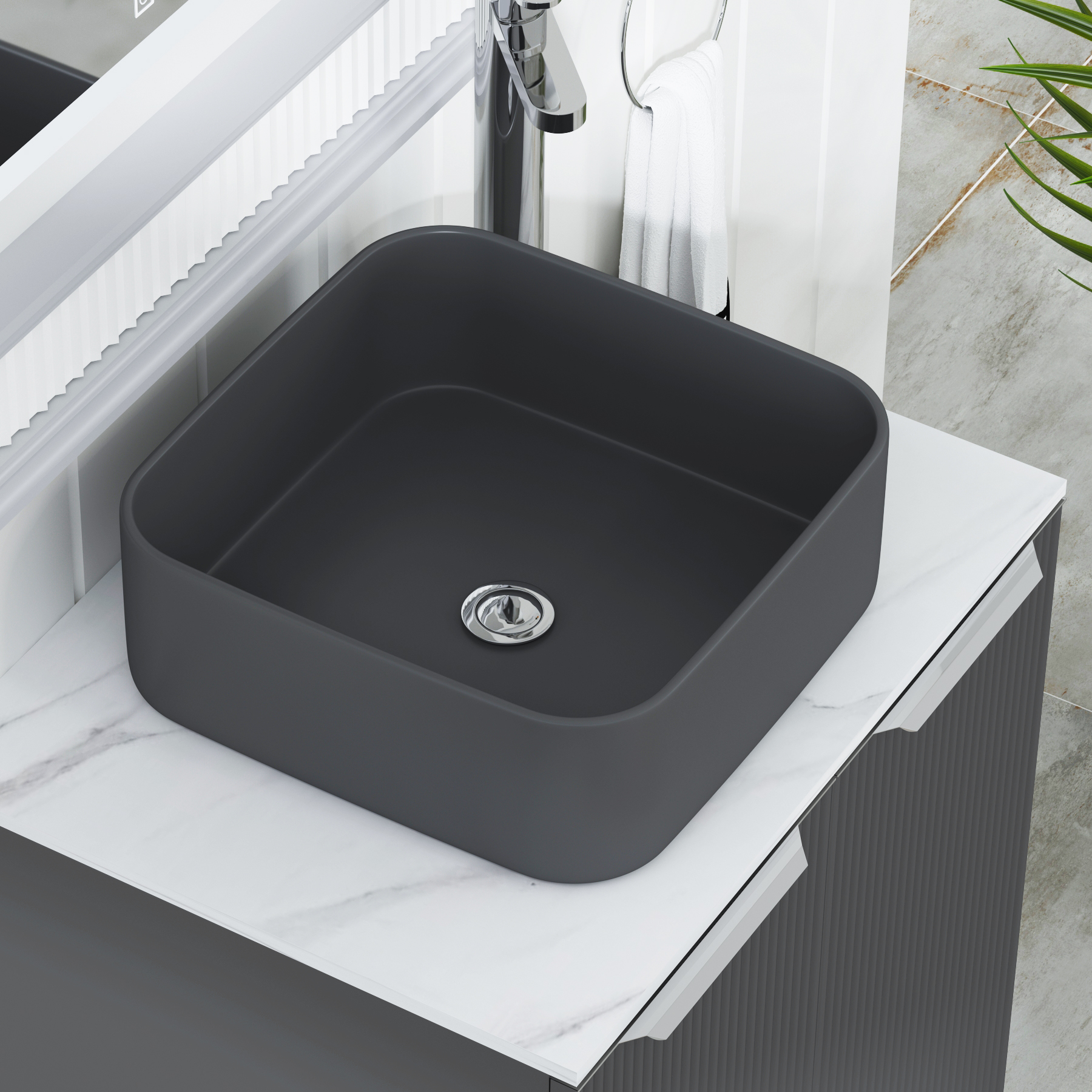 Evora 700mm Graphite Grey Fluted Floor Standing Countertop Vanity Unit 2 Drawer with Art Square Basin