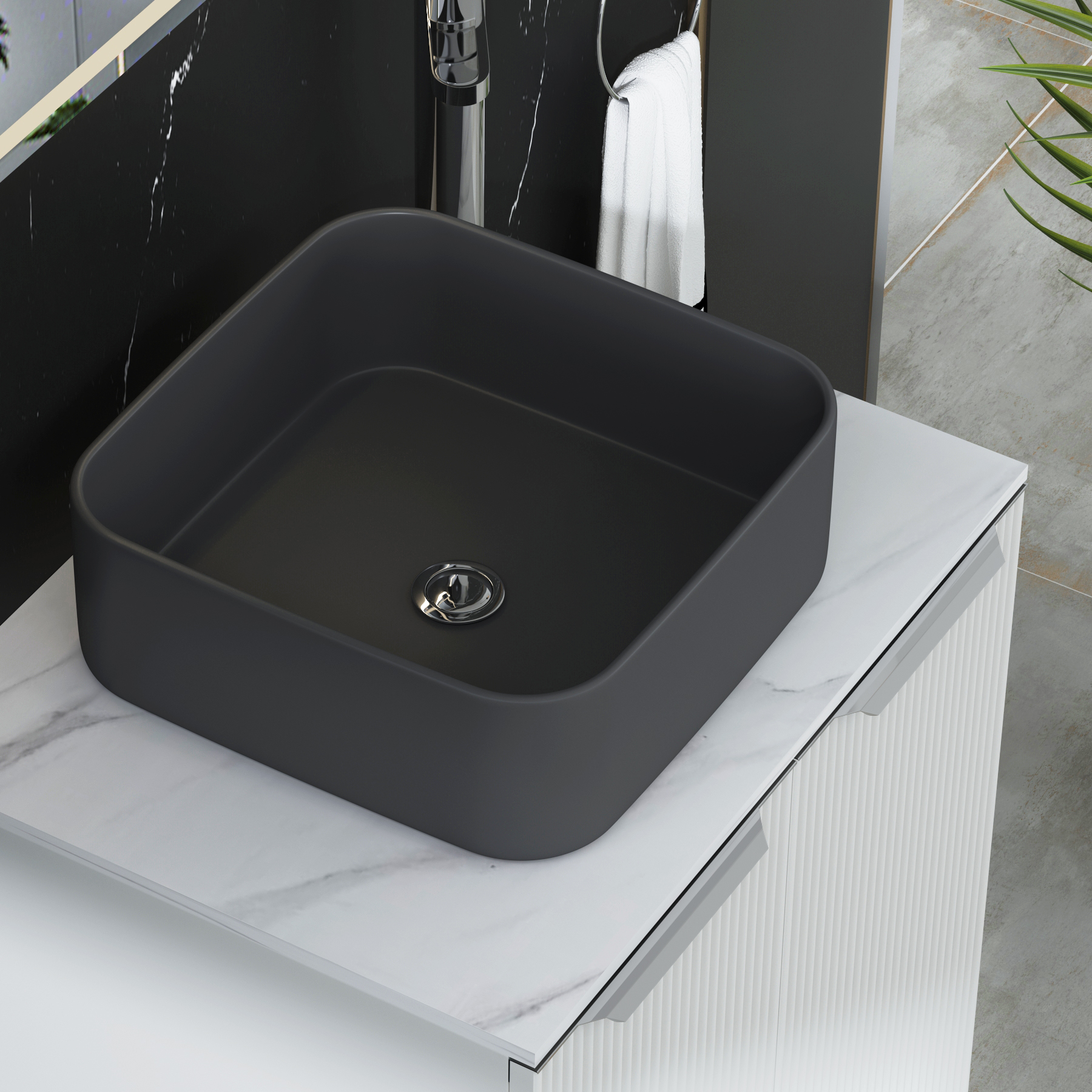 Evora 700mm Matt White Fluted Floor Standing Countertop Vanity Unit 2 Drawer with Art Square Basin