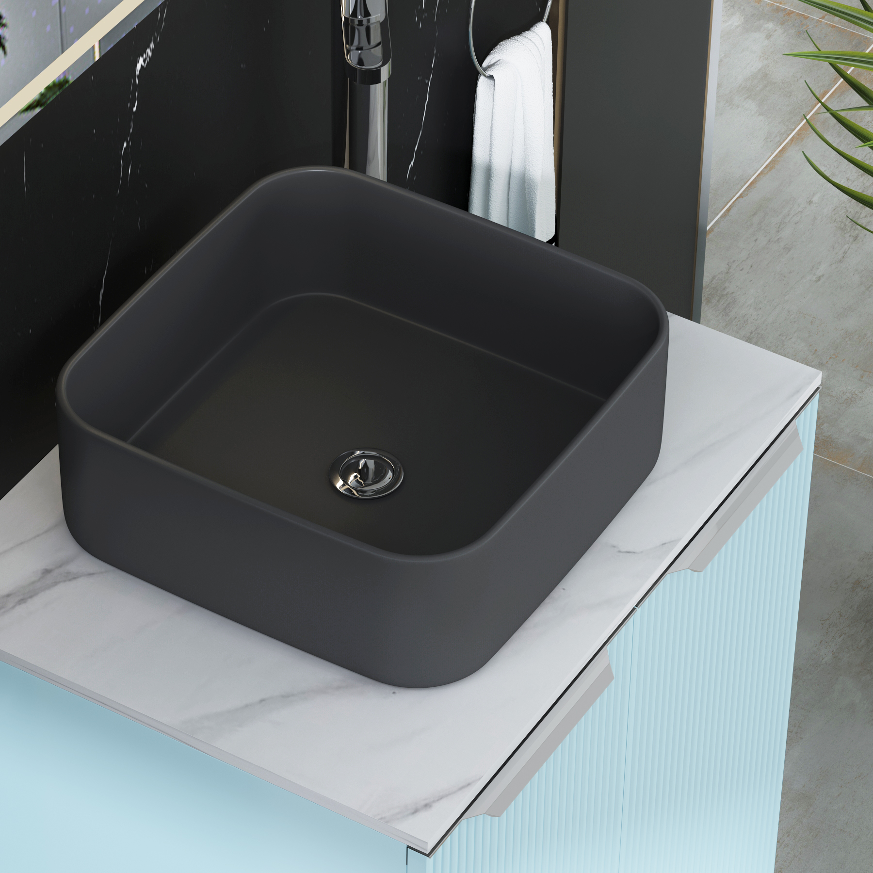 Evora 700mm Powder Blue Fluted Floor Standing Countertop Vanity Unit 2 Drawer with Art Square Basin