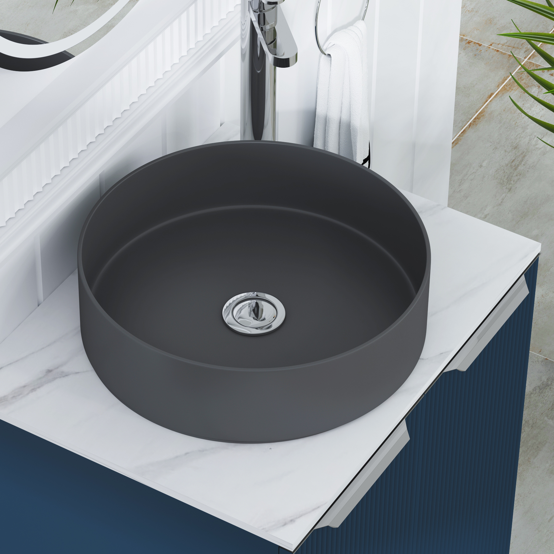 Evora 700mm Midnight Blue Fluted Floor Standing Countertop Vanity Unit 2 Drawer with Art Round Basin