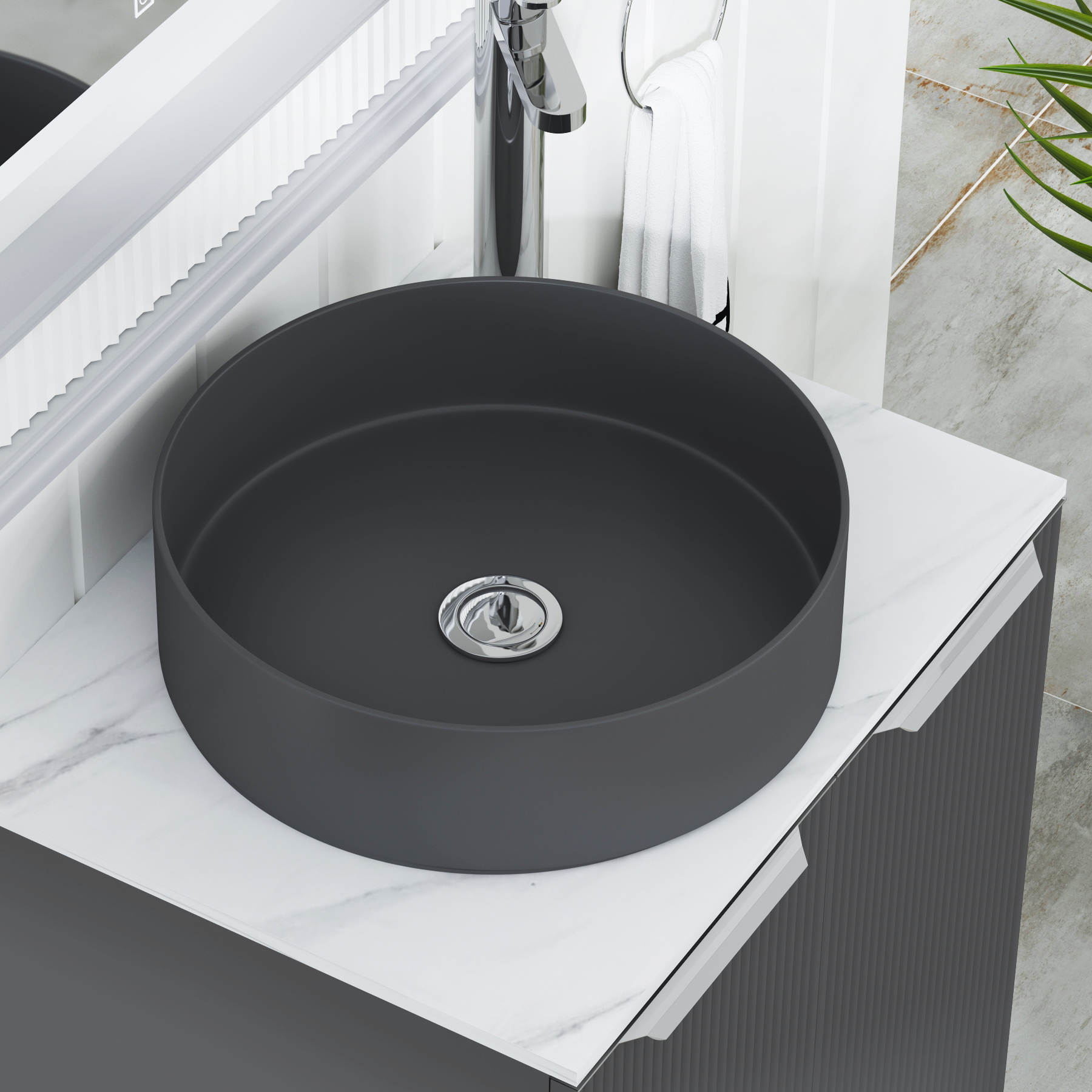 Evora 700mm Graphite Grey Fluted Floor Standing Countertop Vanity Unit 2 Drawer with Art Round Basin