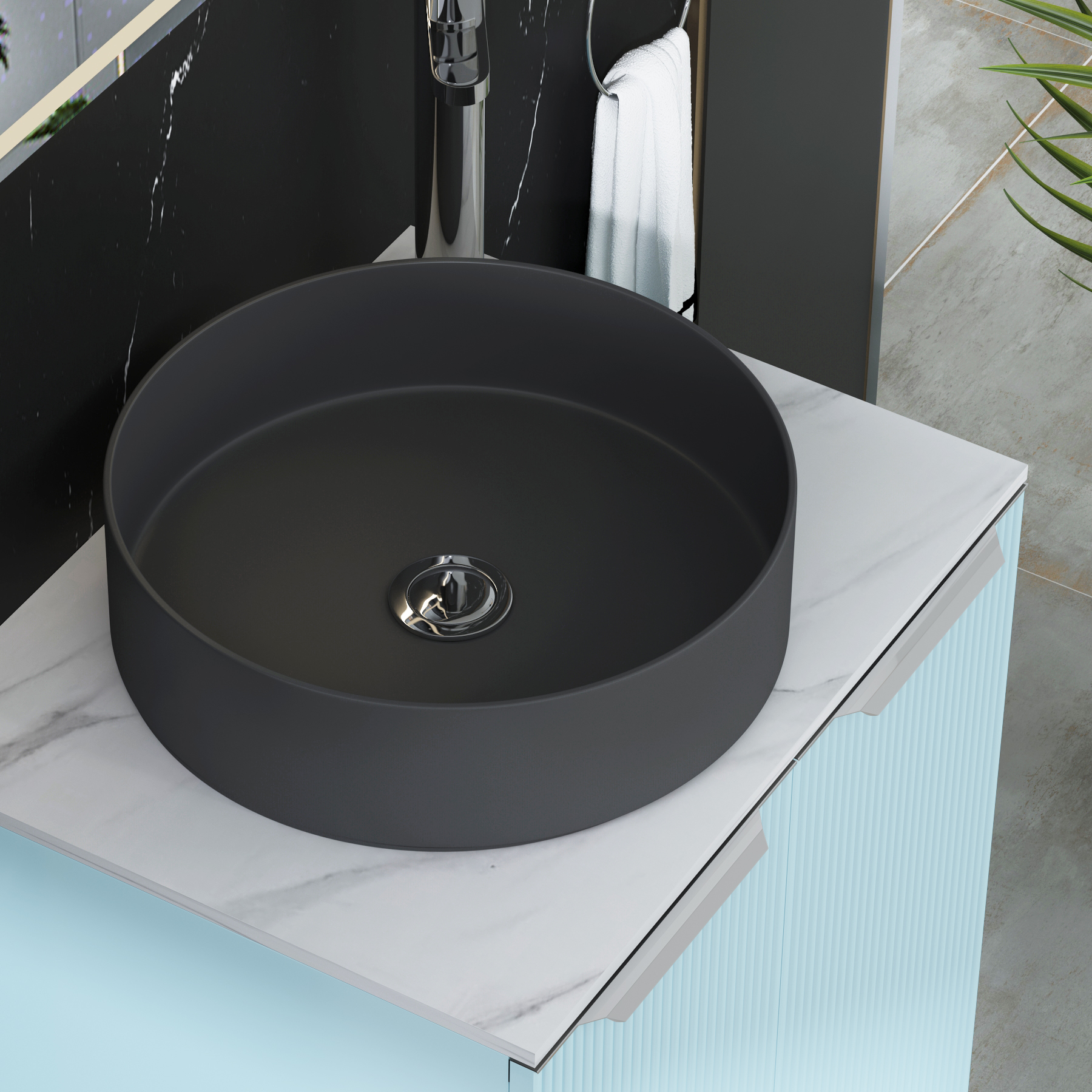 Evora 700mm Powder Blue Fluted Floor Standing Countertop Vanity Unit 2 Drawer with Art Round Basin