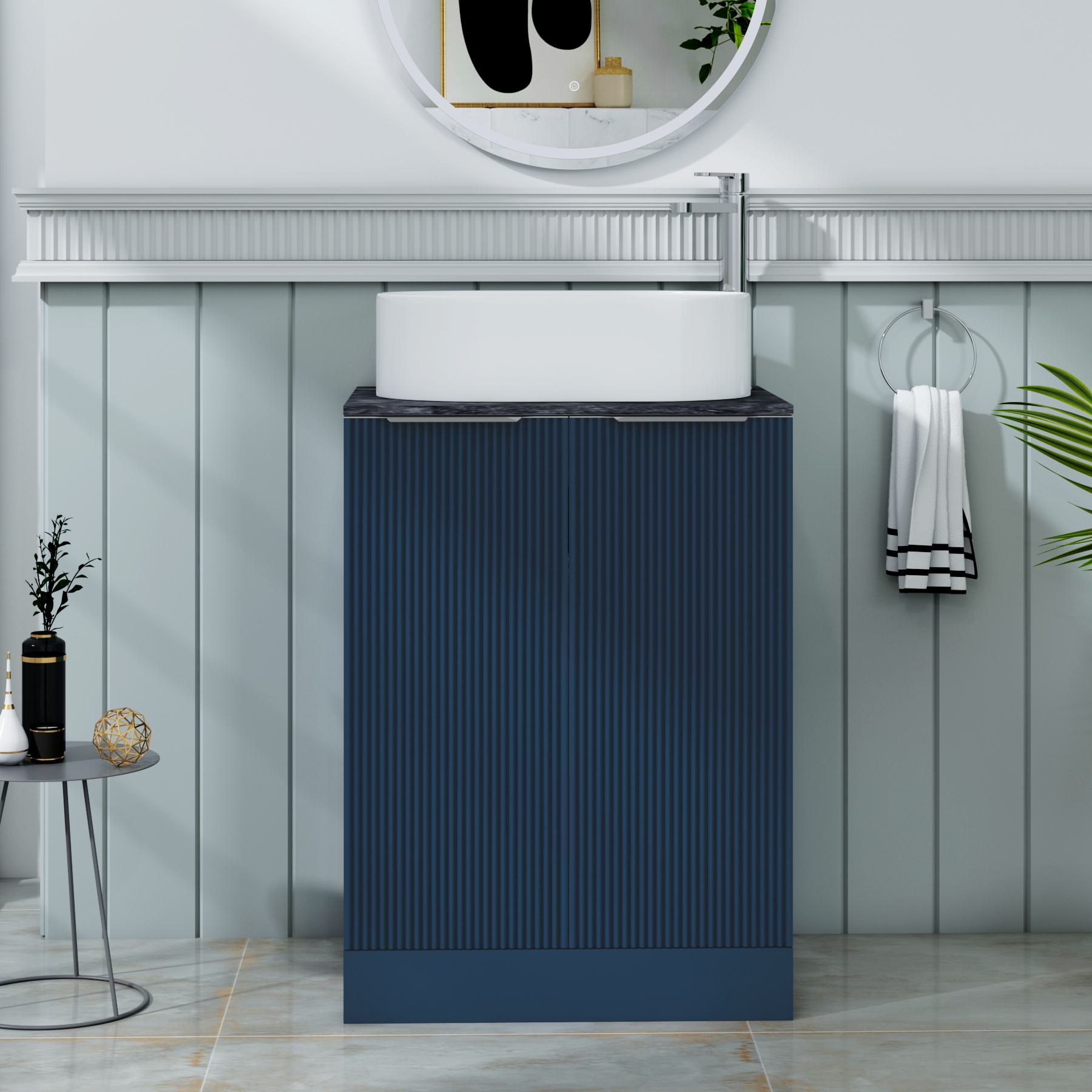 Evora 600mm Satin Blue Fluted Floor Standing Countertop Vanity Unit 2 Door with Peak Basin - Black Star