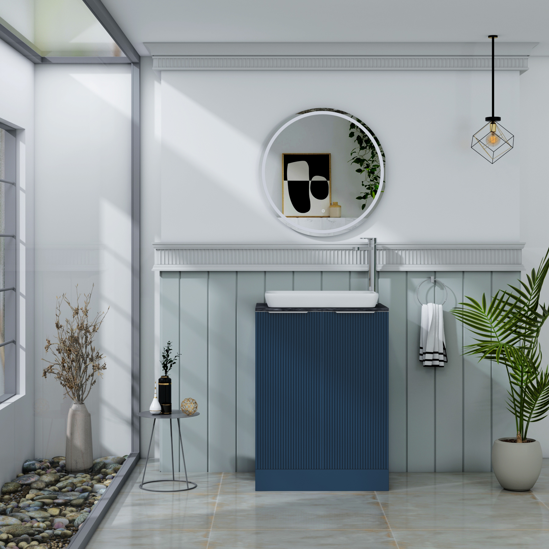 Evora 600mm Midnight Blue Fluted Floor Standing Countertop Vanity